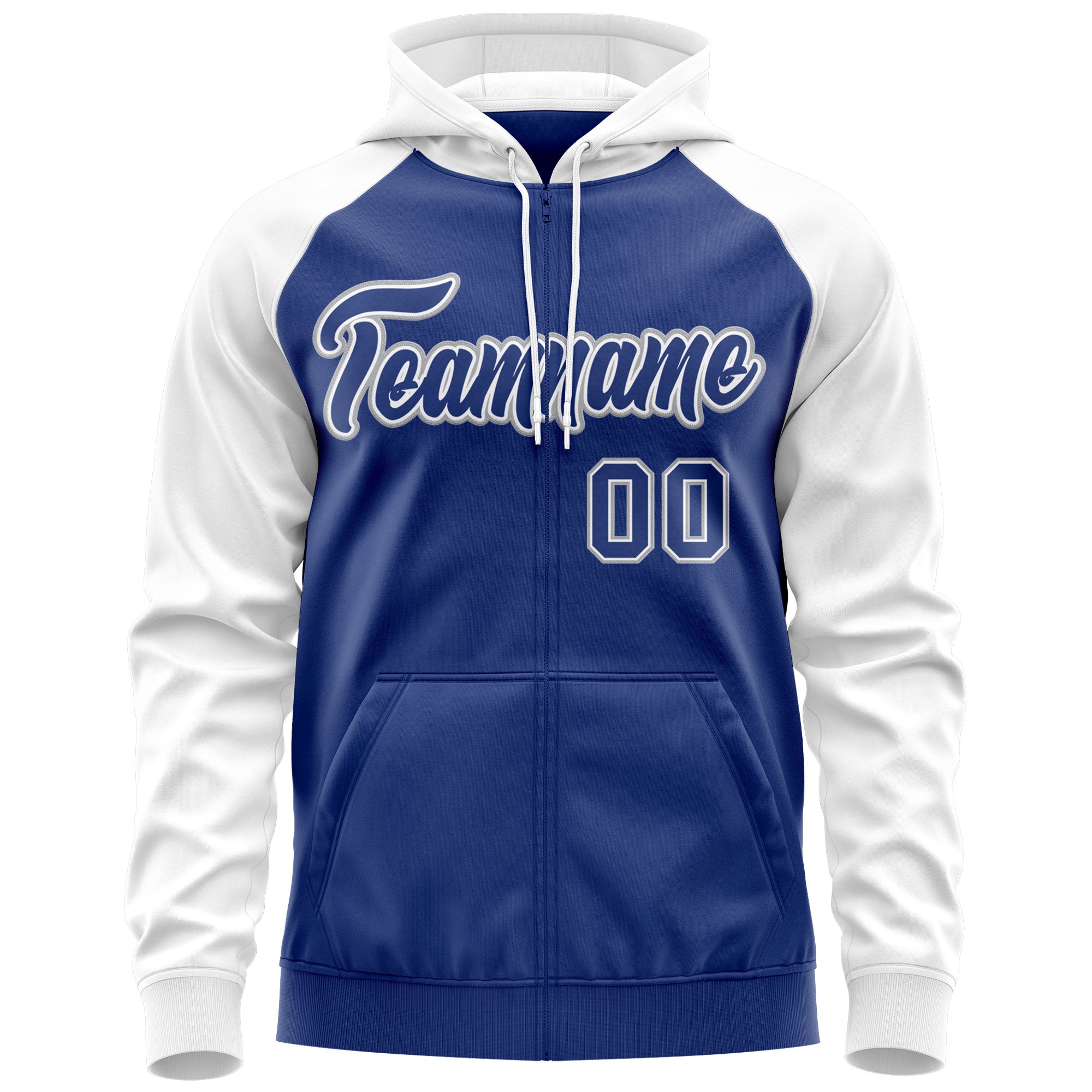 Custom Stitched Royal White-Gray Raglan Sleeves Sports Full-Zip Sweatshirt Hoodie| KXKSHOP