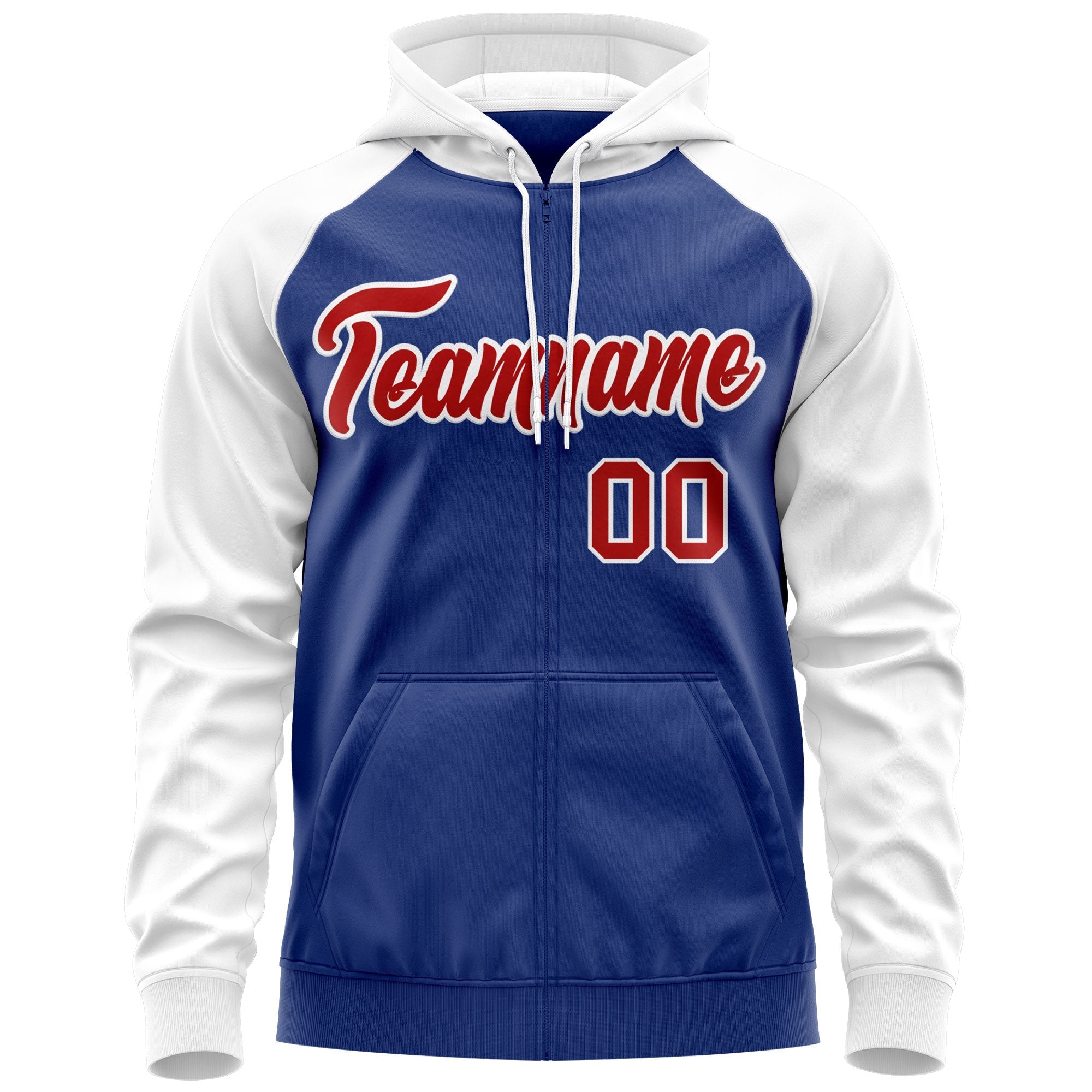 Custom Stitched Royal Red-White Raglan Sleeves Sports Full-Zip Sweatshirt Hoodie| KXKSHOP
