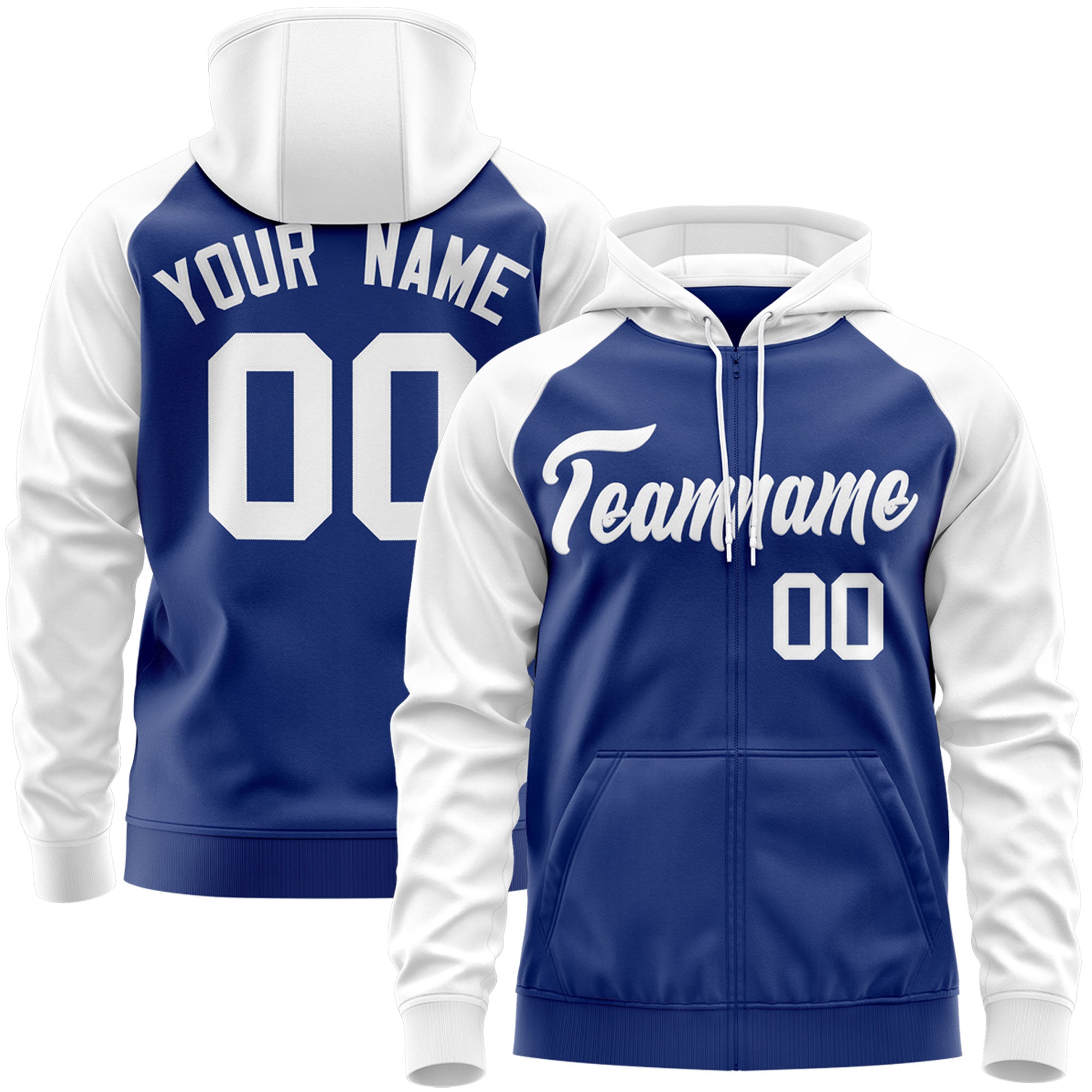 Custom Stitched Royal White Raglan Sleeves Sports Full-Zip Sweatshirt Hoodie| KXKSHOP