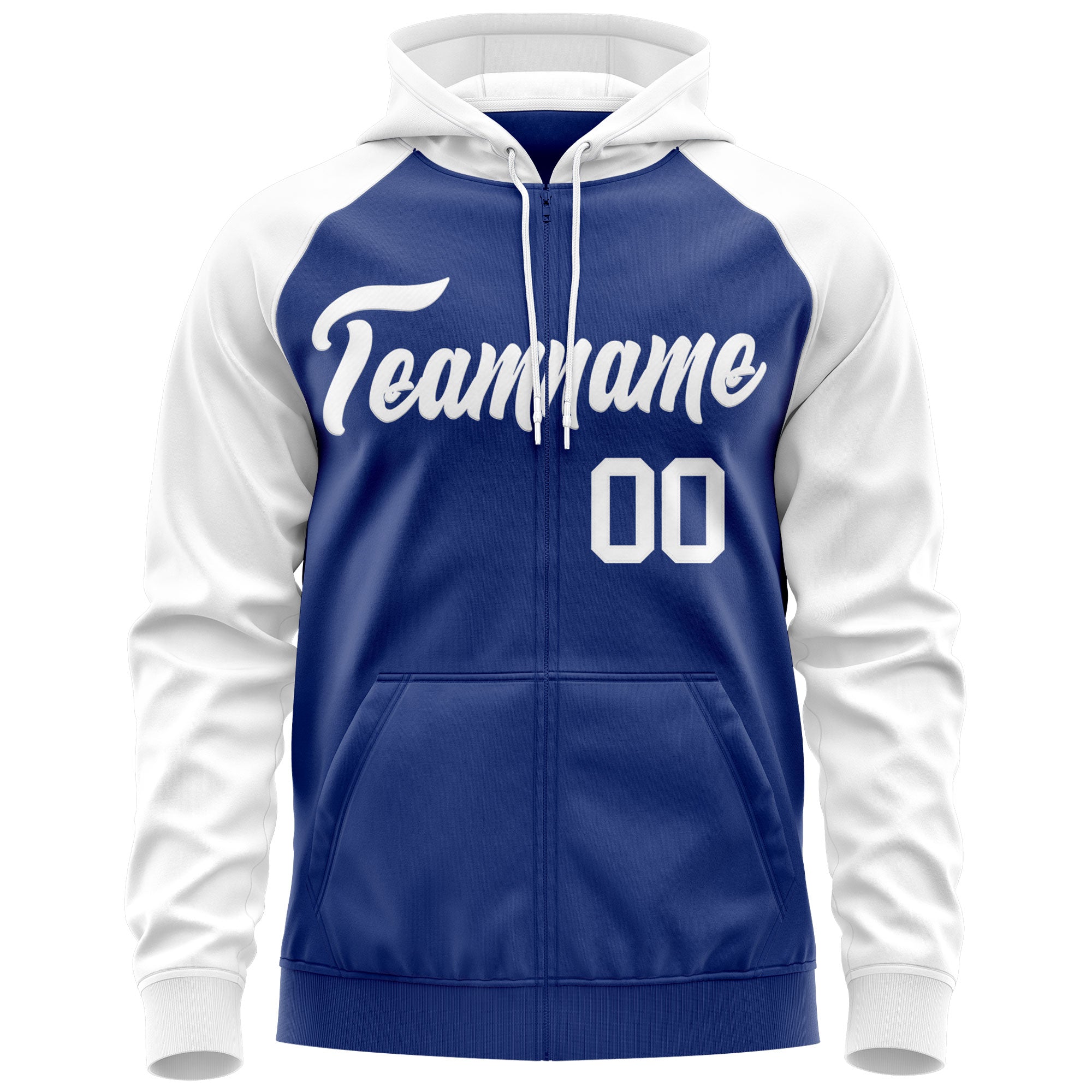 Custom Stitched Royal White Raglan Sleeves Sports Full-Zip Sweatshirt Hoodie| KXKSHOP