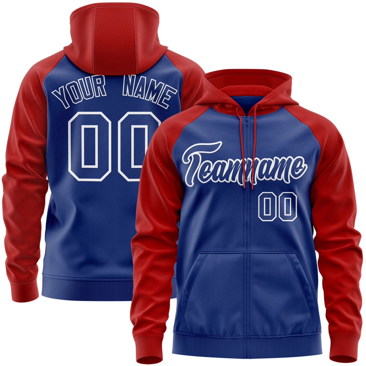 Custom Stitched Royal Red-White Raglan Sleeves Sports Full-Zip Sweatshirt Hoodie| KXKSHOP
