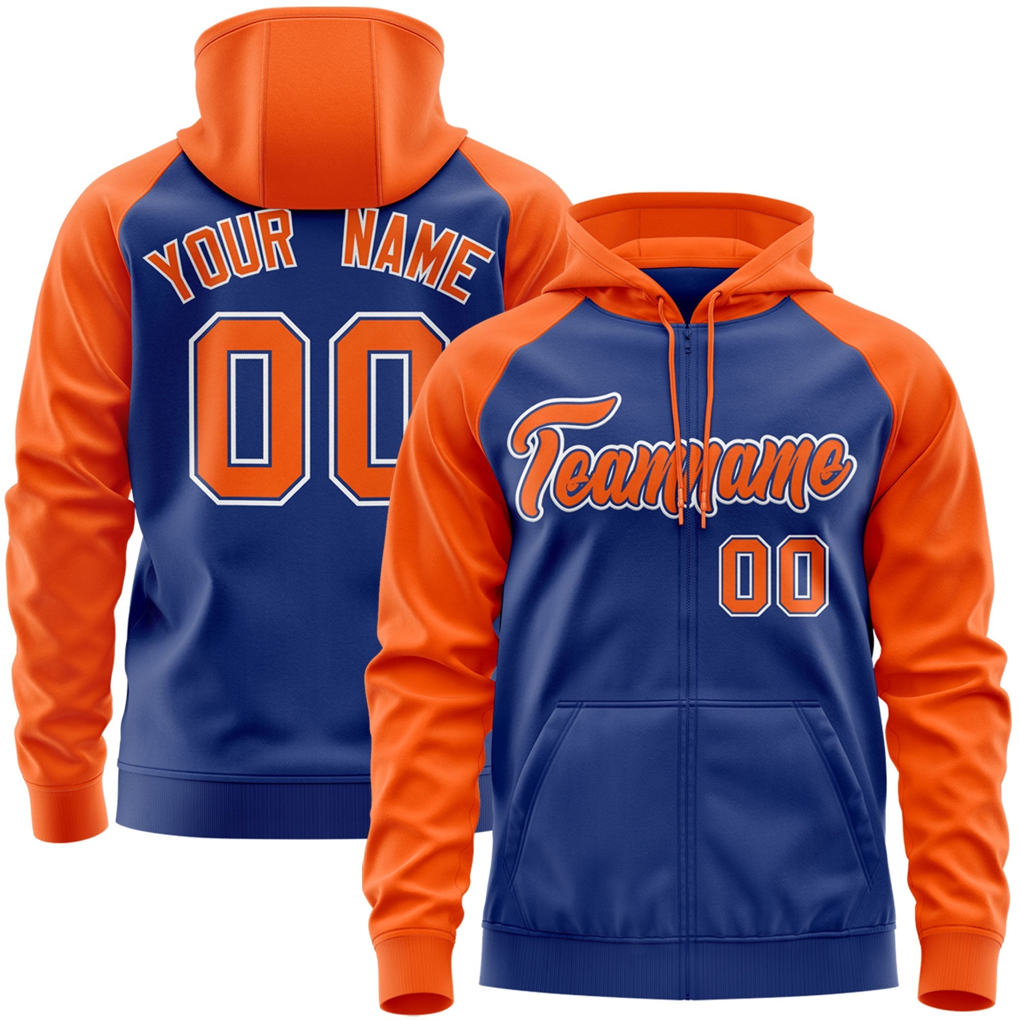 Custom Stitched Royal Orange-White Raglan Sleeves Sports Full-Zip Sweatshirt Hoodie| KXKSHOP