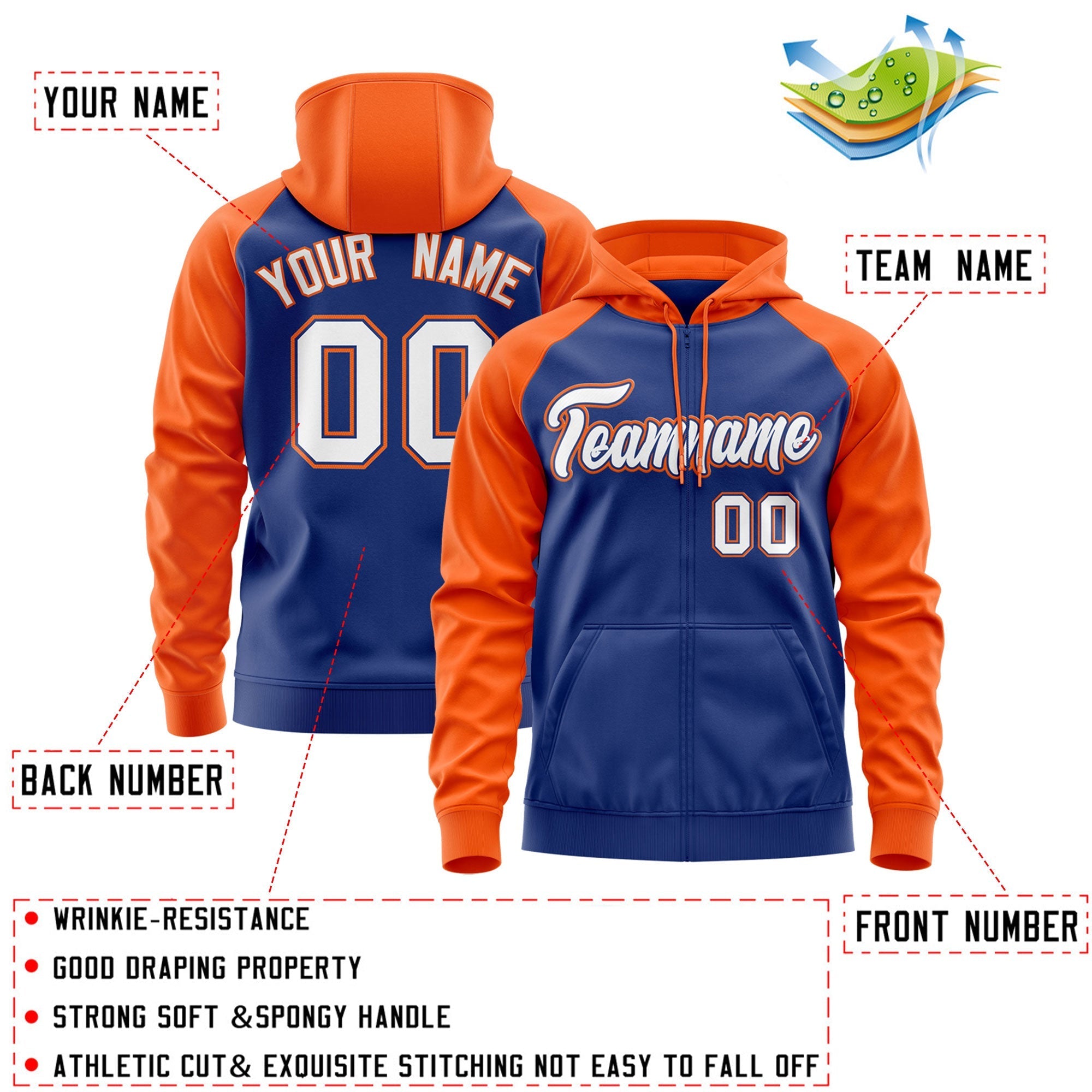 Custom Stitched Royal White-Orange Raglan Sleeves Sports Full-Zip Sweatshirt Hoodie| KXKSHOP