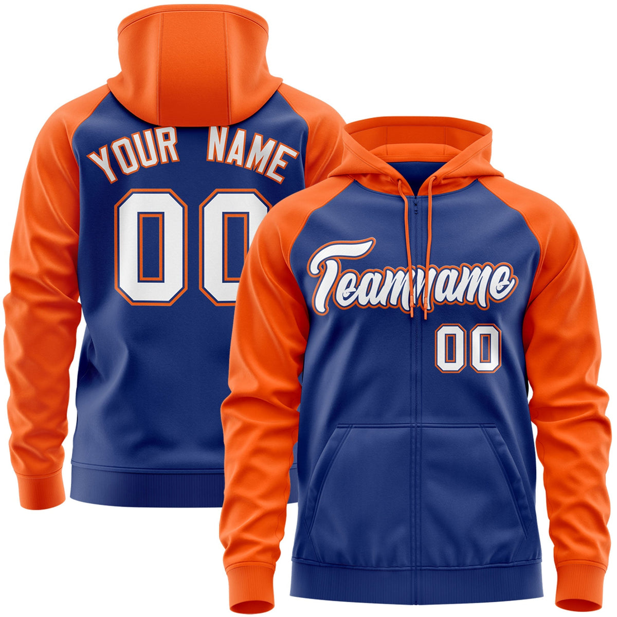 Custom Stitched Royal White-Orange Raglan Sleeves Sports Full-Zip Sweatshirt Hoodie| KXKSHOP