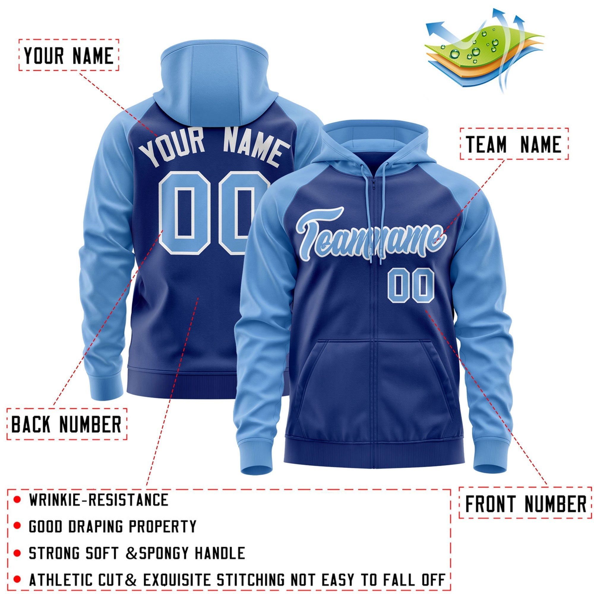 Custom Stitched Royal Light Blue-White Raglan Sleeves Sports Full-Zip Sweatshirt Hoodie| KXKSHOP