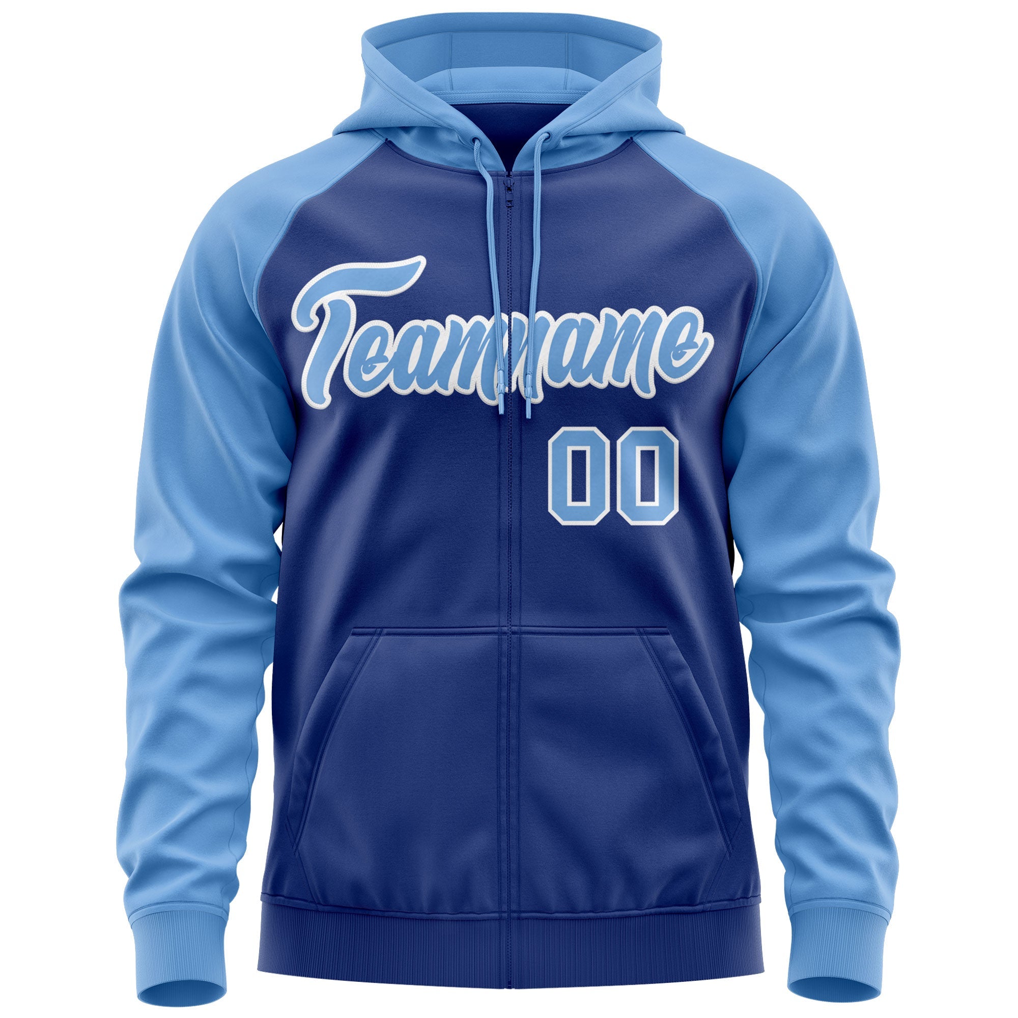 Custom Stitched Royal Light Blue-White Raglan Sleeves Sports Full-Zip Sweatshirt Hoodie| KXKSHOP