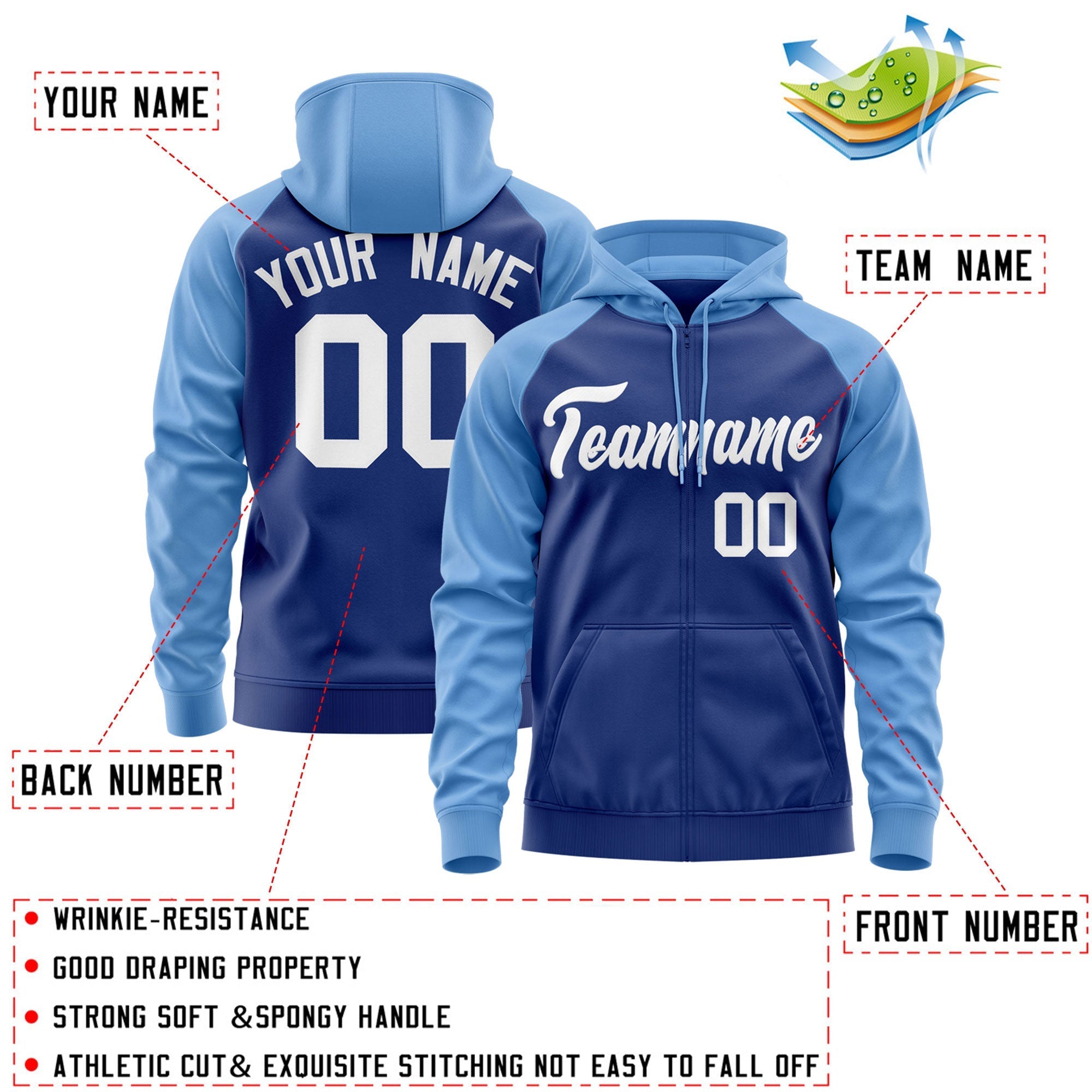 Custom Stitched Royal White-Light Blue Raglan Sleeves Sports Full-Zip Sweatshirt Hoodie| KXKSHOP