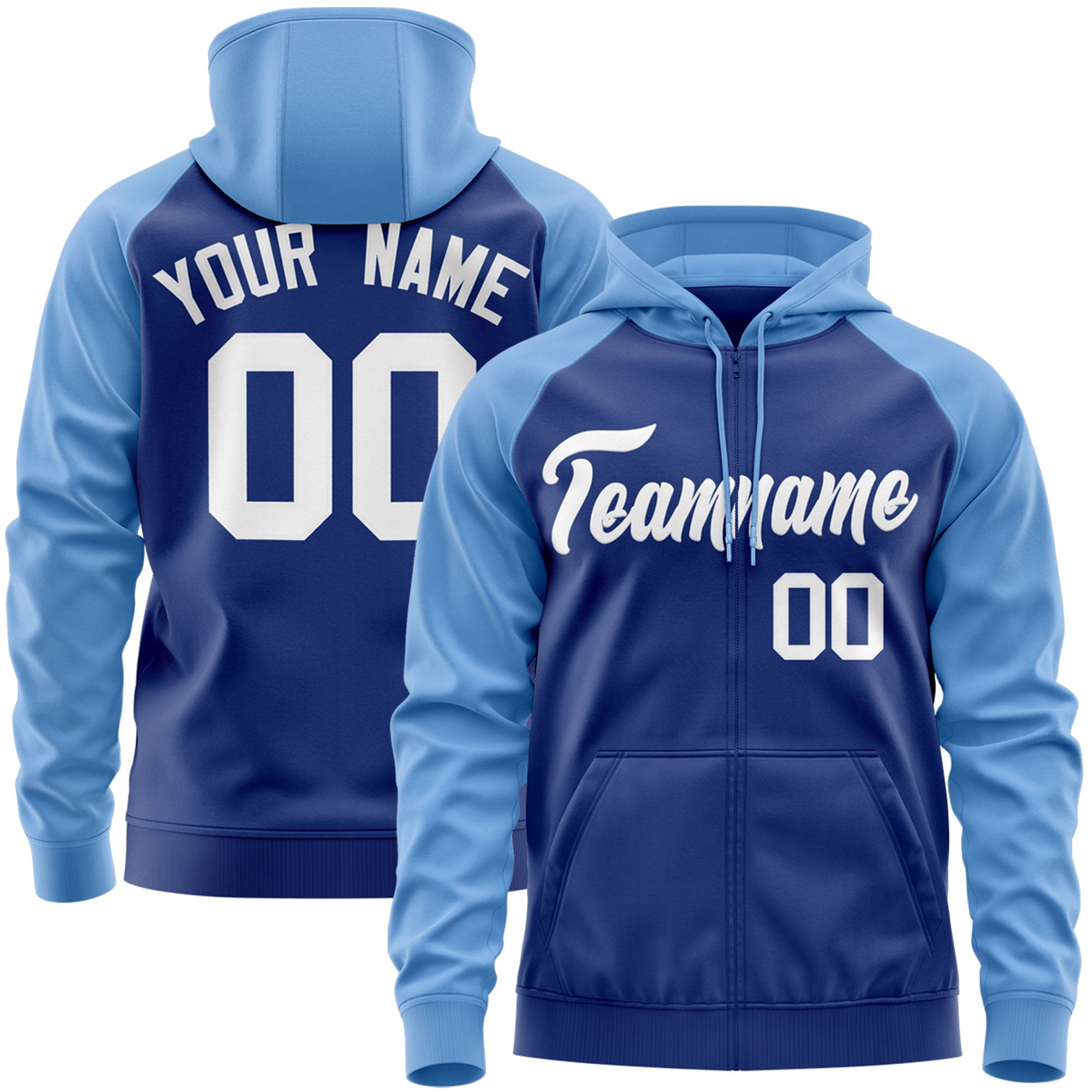 Custom Stitched Royal White-Light Blue Raglan Sleeves Sports Full-Zip Sweatshirt Hoodie| KXKSHOP