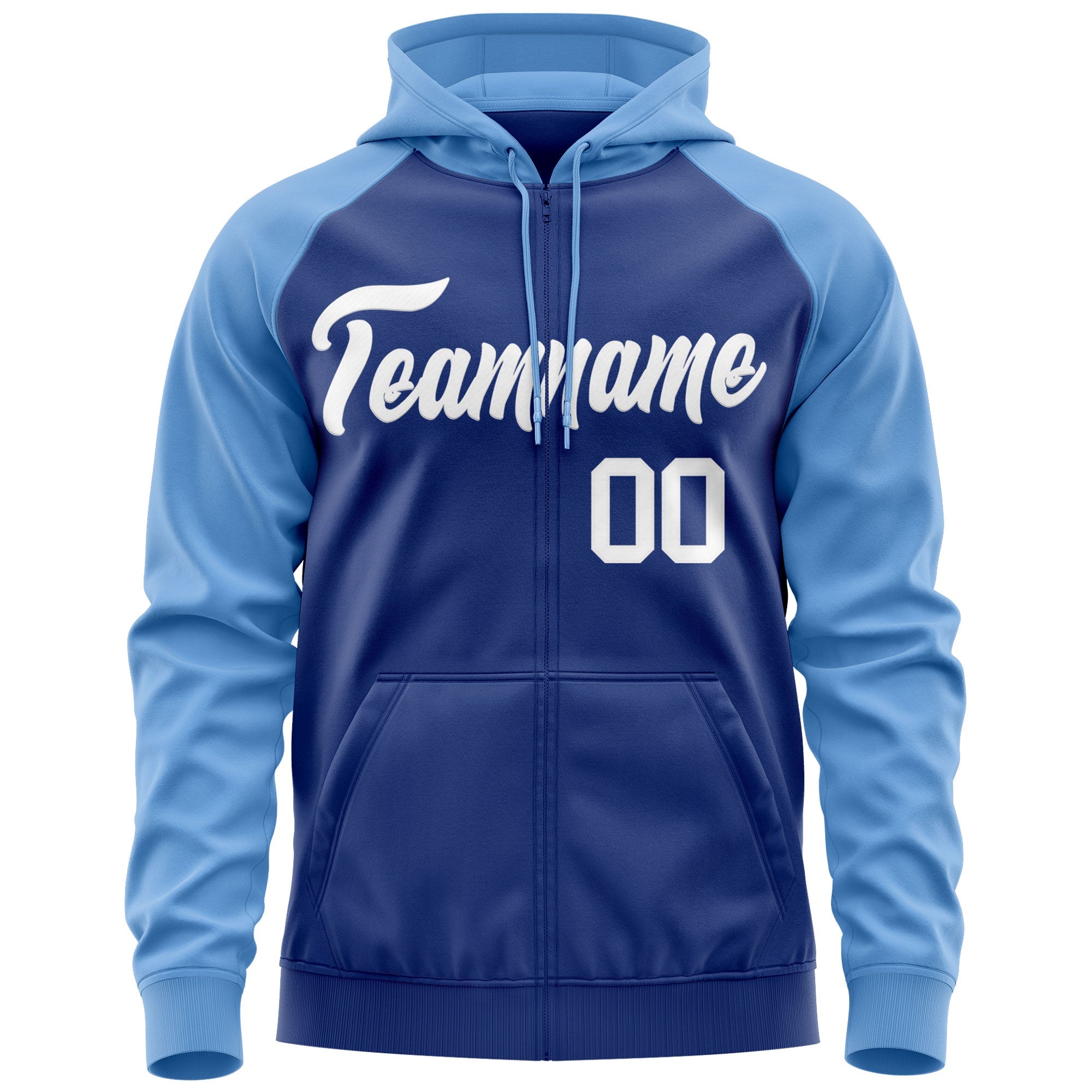 Custom Stitched Royal White-Light Blue Raglan Sleeves Sports Full-Zip Sweatshirt Hoodie| KXKSHOP