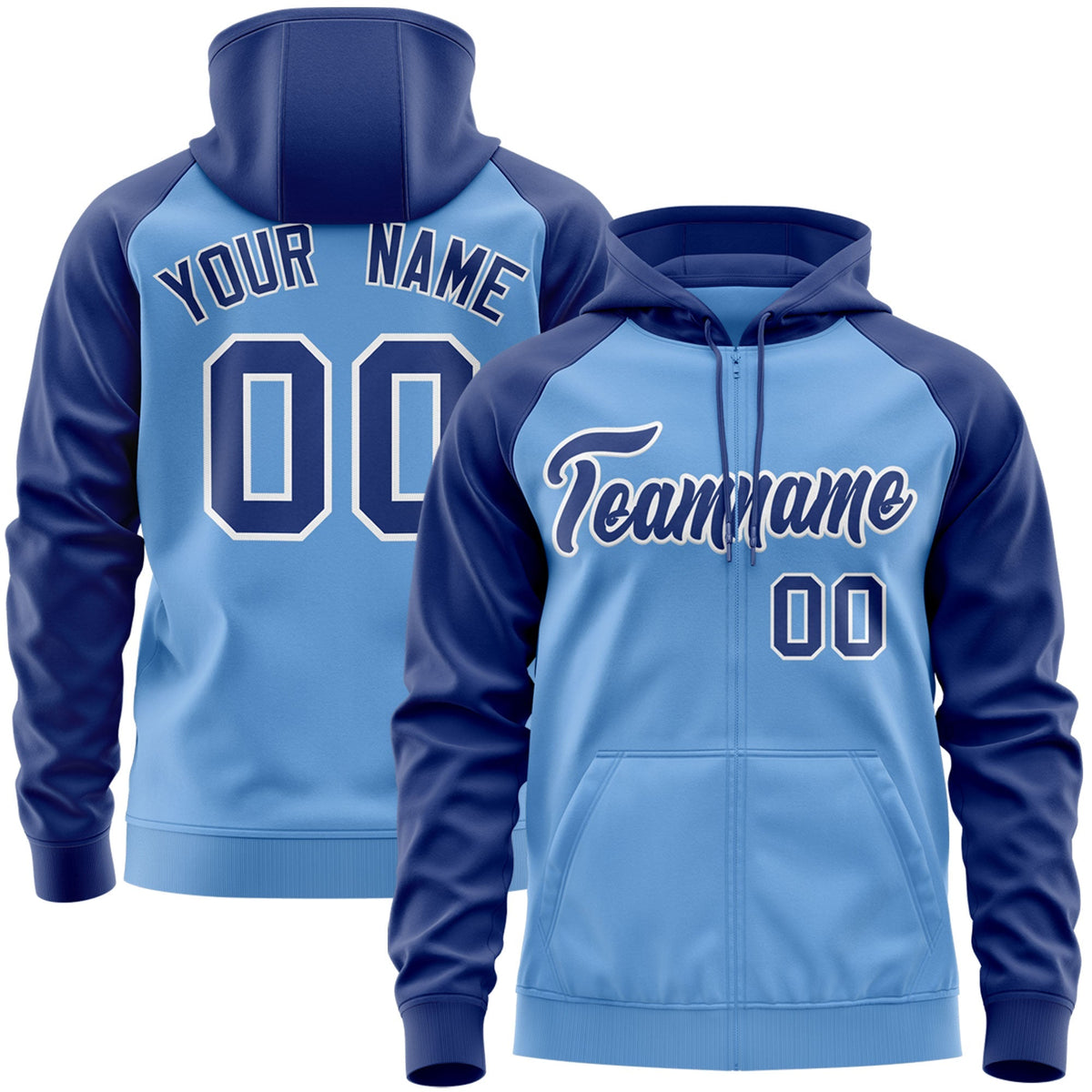 Custom Stitched Light Blue Royal-White Raglan Sleeves Sports Full-Zip Sweatshirt Hoodie| KXKSHOP