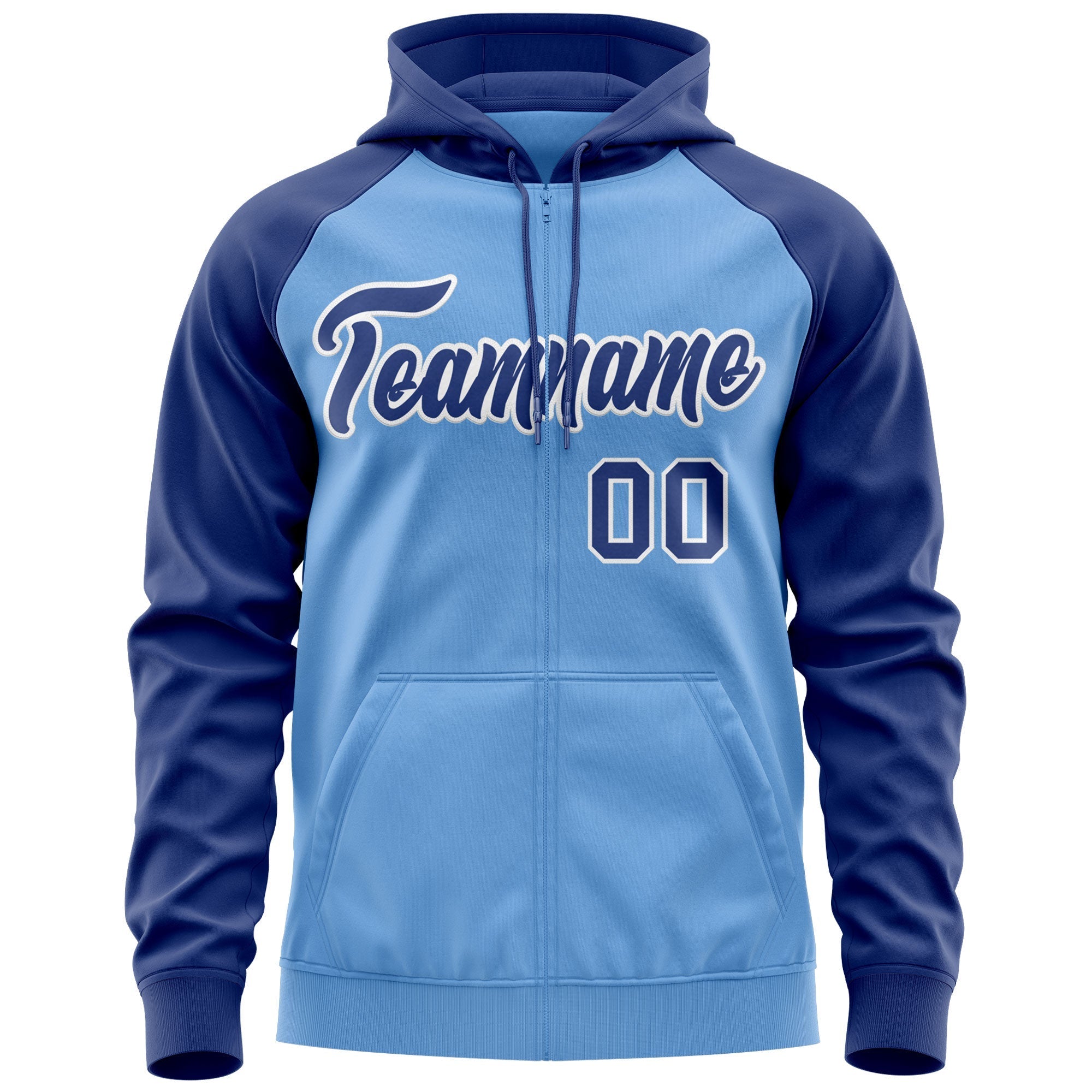 Custom Stitched Light Blue Royal-White Raglan Sleeves Sports Full-Zip Sweatshirt Hoodie| KXKSHOP