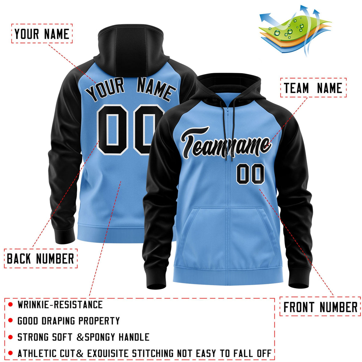 Custom Stitched Light Blue Black-White Raglan Sleeves Sports Full-Zip Sweatshirt Hoodie| KXKSHOP