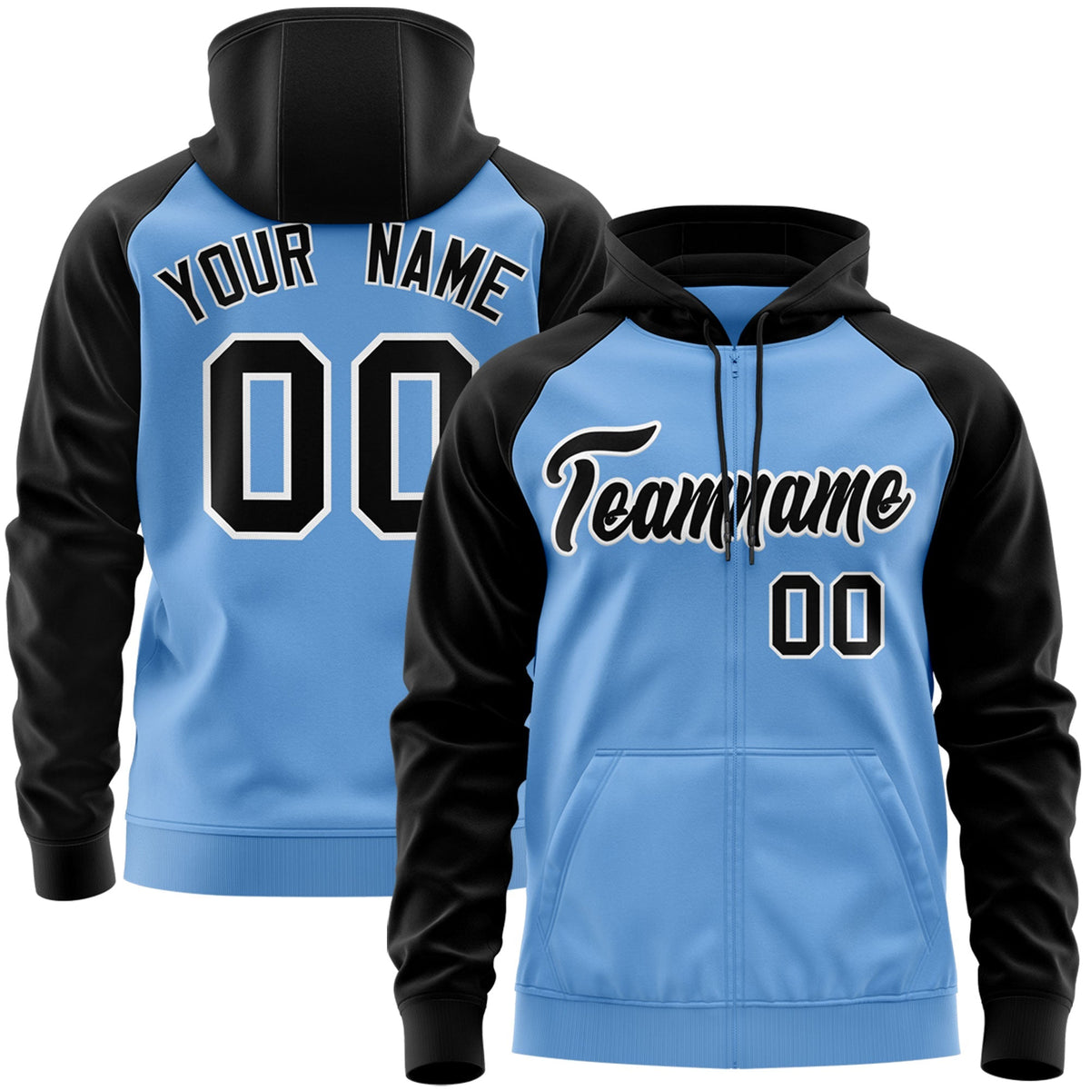 Custom Stitched Light Blue Black-White Raglan Sleeves Sports Full-Zip Sweatshirt Hoodie| KXKSHOP
