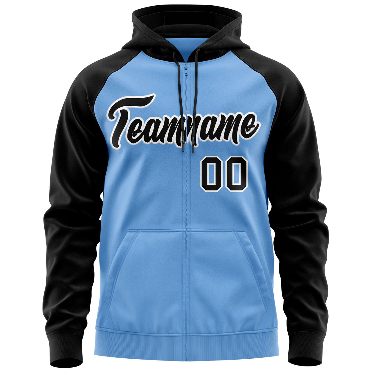 Custom Stitched Light Blue Black-White Raglan Sleeves Sports Full-Zip Sweatshirt Hoodie| KXKSHOP