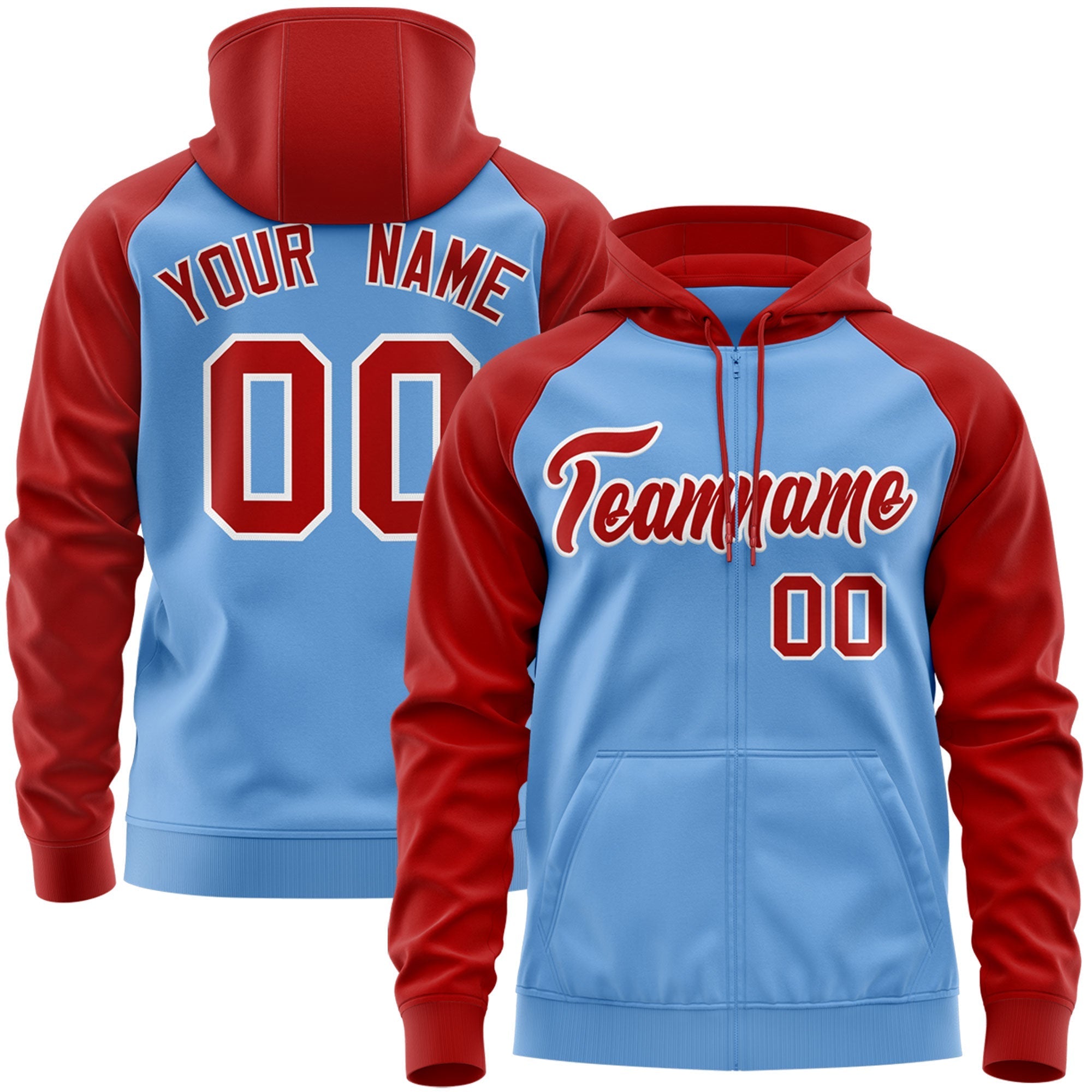 Custom Stitched Light Blue Red-White Raglan Sleeves Sports Full-Zip Sweatshirt Hoodie| KXKSHOP