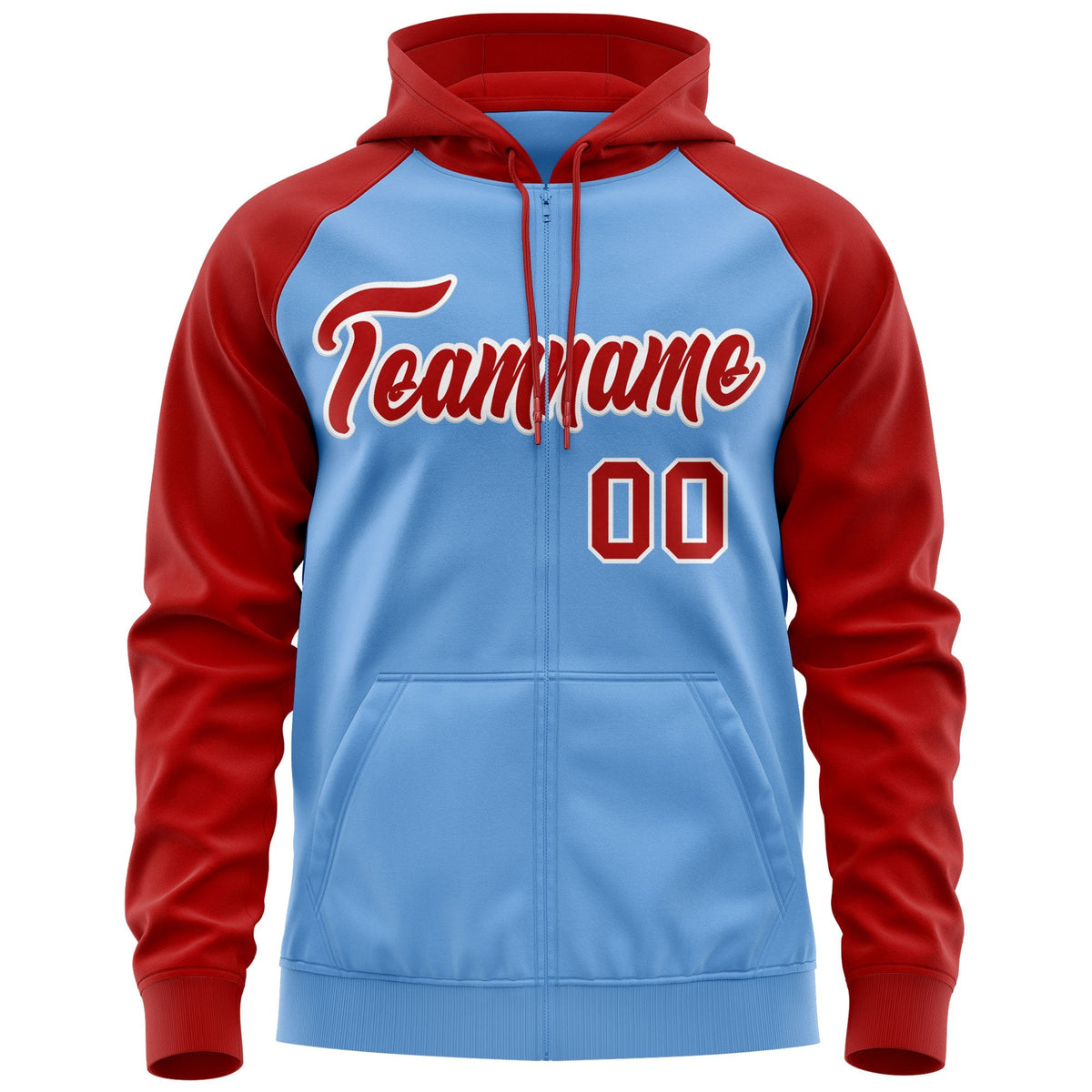 Custom Stitched Light Blue Red-White Raglan Sleeves Sports Full-Zip Sweatshirt Hoodie| KXKSHOP