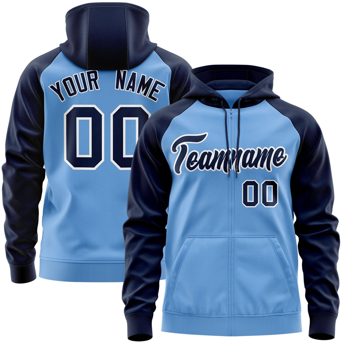 Custom Stitched Light Blue Navy-White Raglan Sleeves Sports Full-Zip Sweatshirt Hoodie| KXKSHOP