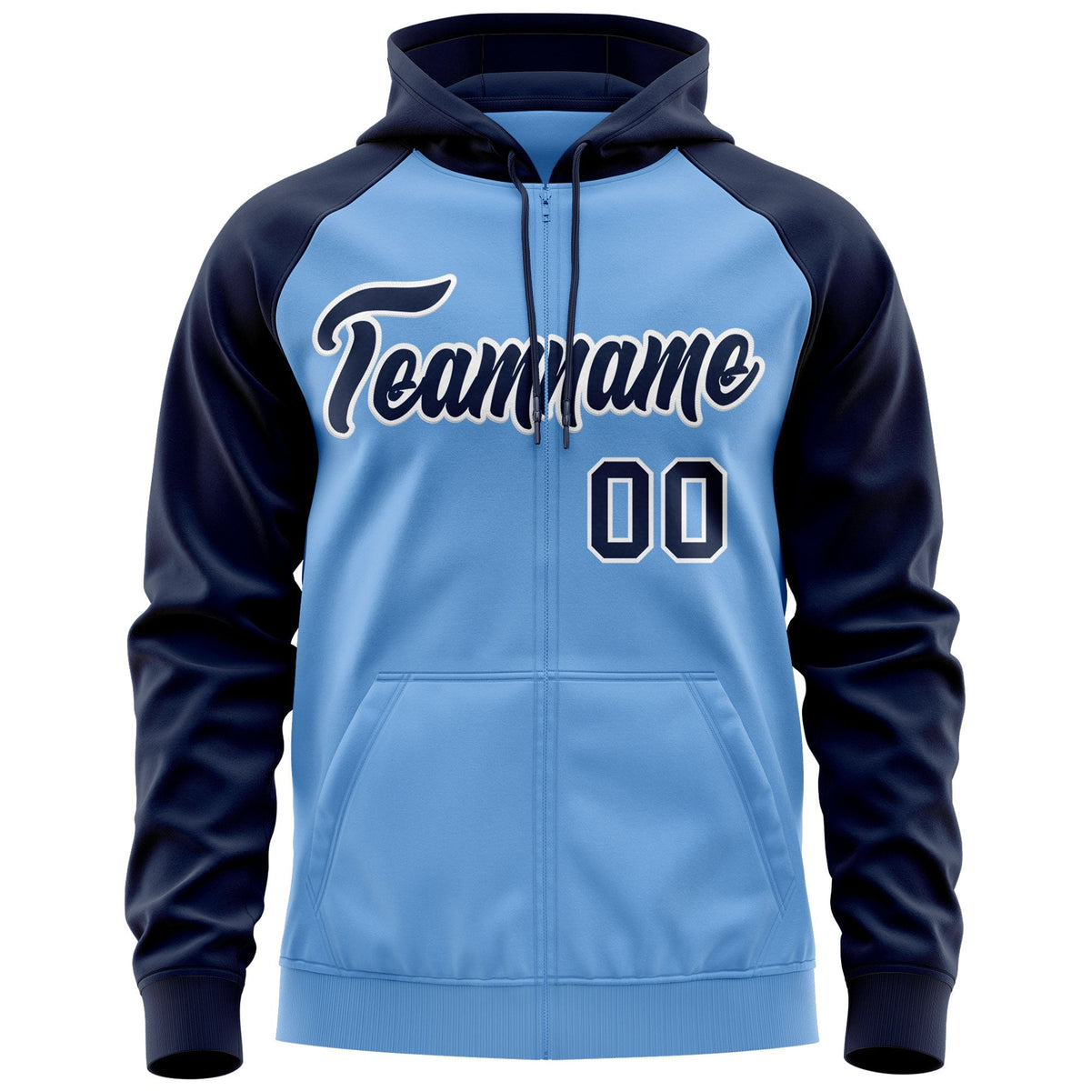 Custom Stitched Light Blue Navy-White Raglan Sleeves Sports Full-Zip Sweatshirt Hoodie| KXKSHOP