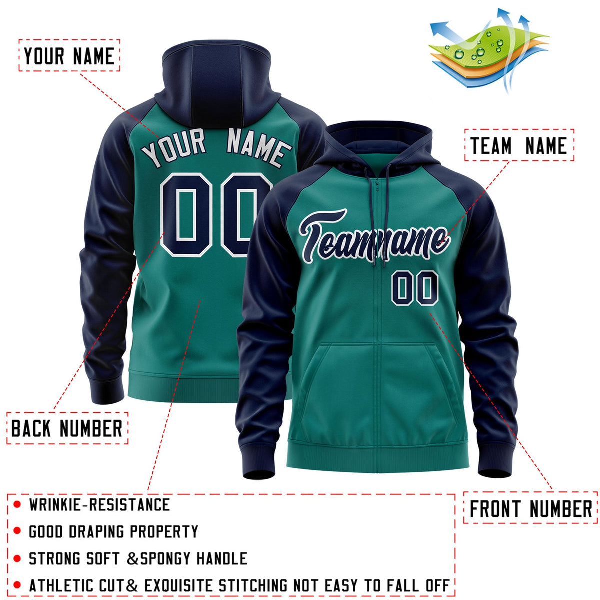 Custom Stitched Aqua Navy-White Raglan Sleeves Sports Full-Zip Sweatshirt Hoodie| KXKSHOP