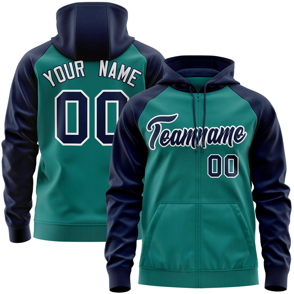 Custom Stitched Aqua Navy-White Raglan Sleeves Sports Full-Zip Sweatshirt Hoodie| KXKSHOP