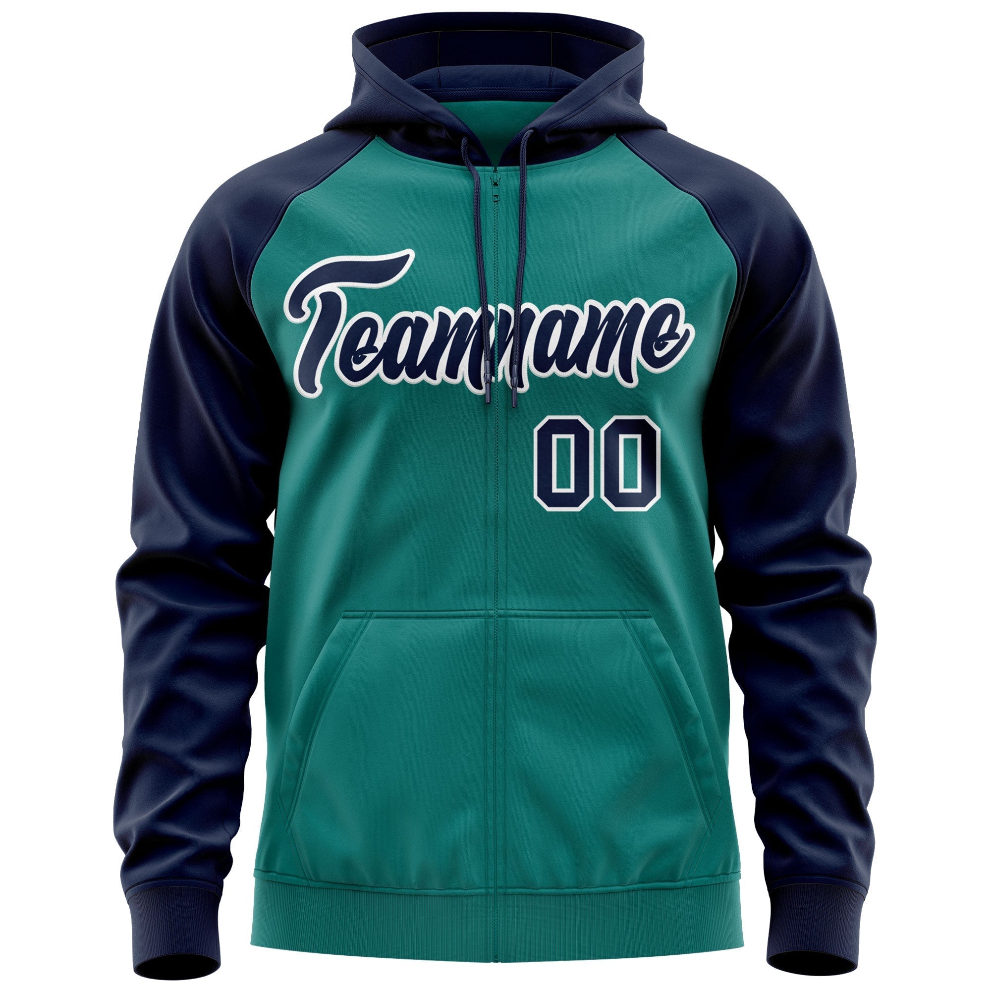Custom Stitched Aqua Navy-White Raglan Sleeves Sports Full-Zip Sweatshirt Hoodie| KXKSHOP