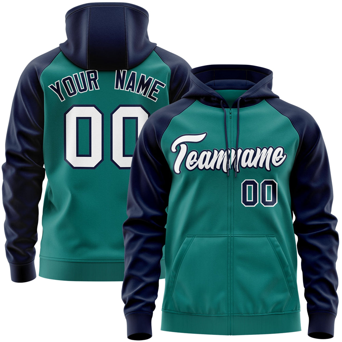 Custom Stitched Aqua White-Navy Raglan Sleeves Sports Full-Zip Sweatshirt Hoodie| KXKSHOP