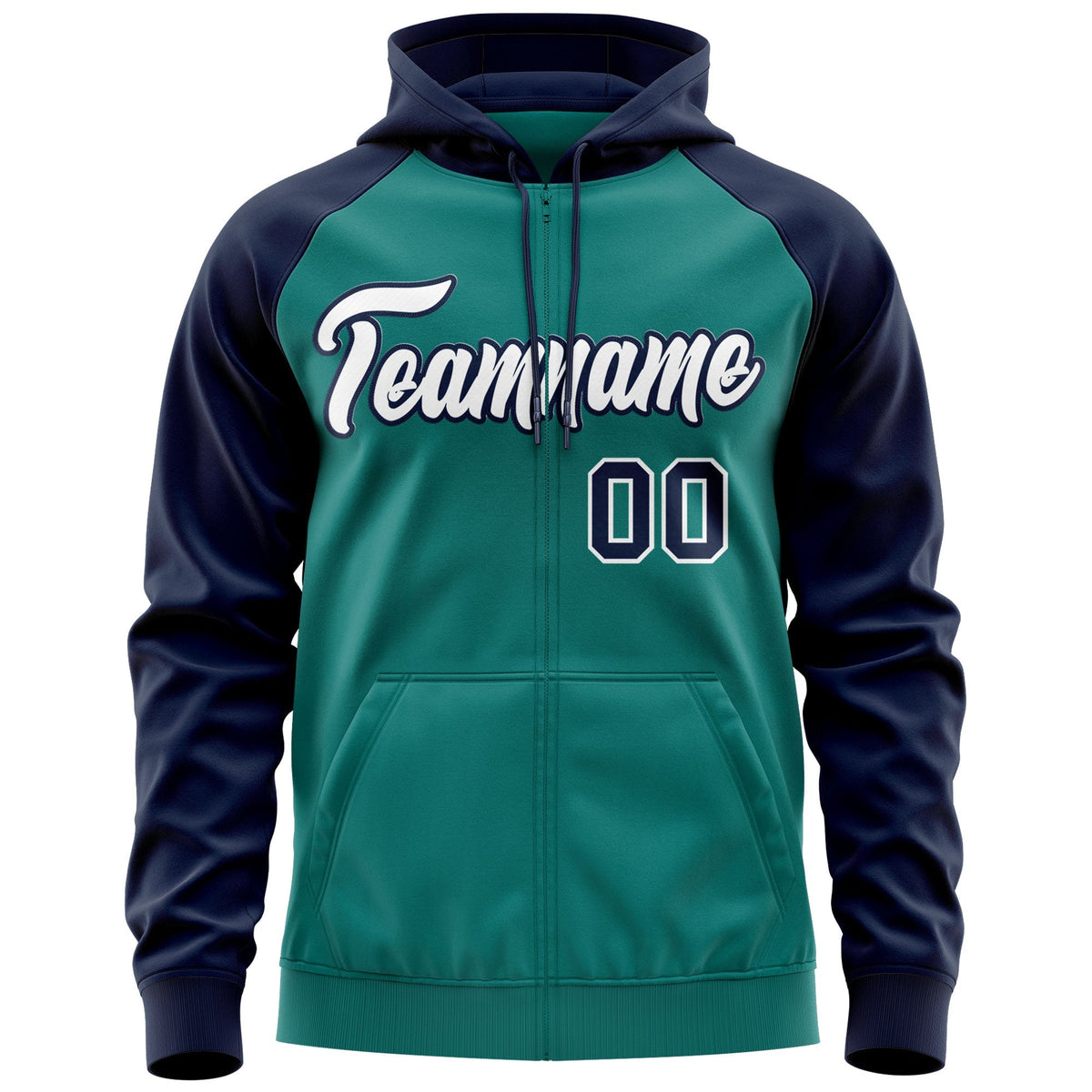 Custom Stitched Aqua White-Navy Raglan Sleeves Sports Full-Zip Sweatshirt Hoodie| KXKSHOP