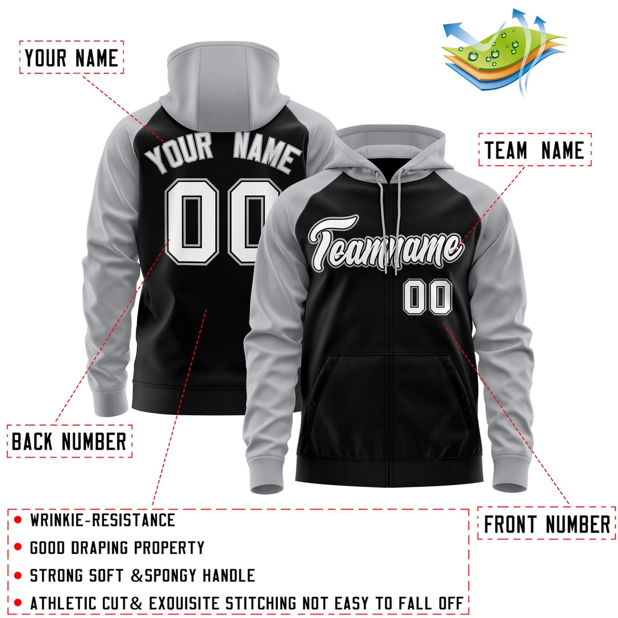 Custom Stitched Black White-Gray Raglan Sleeves Sports Full-Zip Sweatshirt Hoodie| KXKSHOP