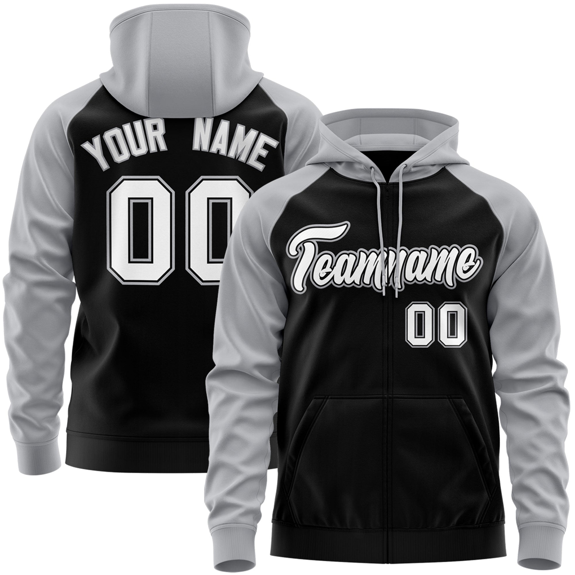 Custom Stitched Black White-Gray Raglan Sleeves Sports Full-Zip Sweatshirt Hoodie| KXKSHOP