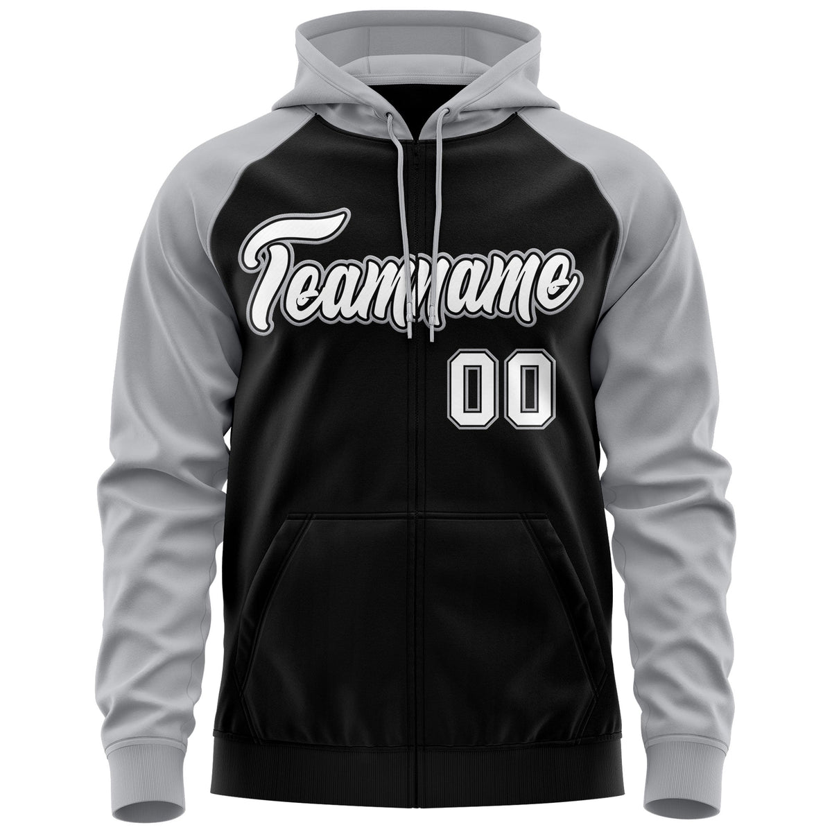 Custom Stitched Black White-Gray Raglan Sleeves Sports Full-Zip Sweatshirt Hoodie| KXKSHOP