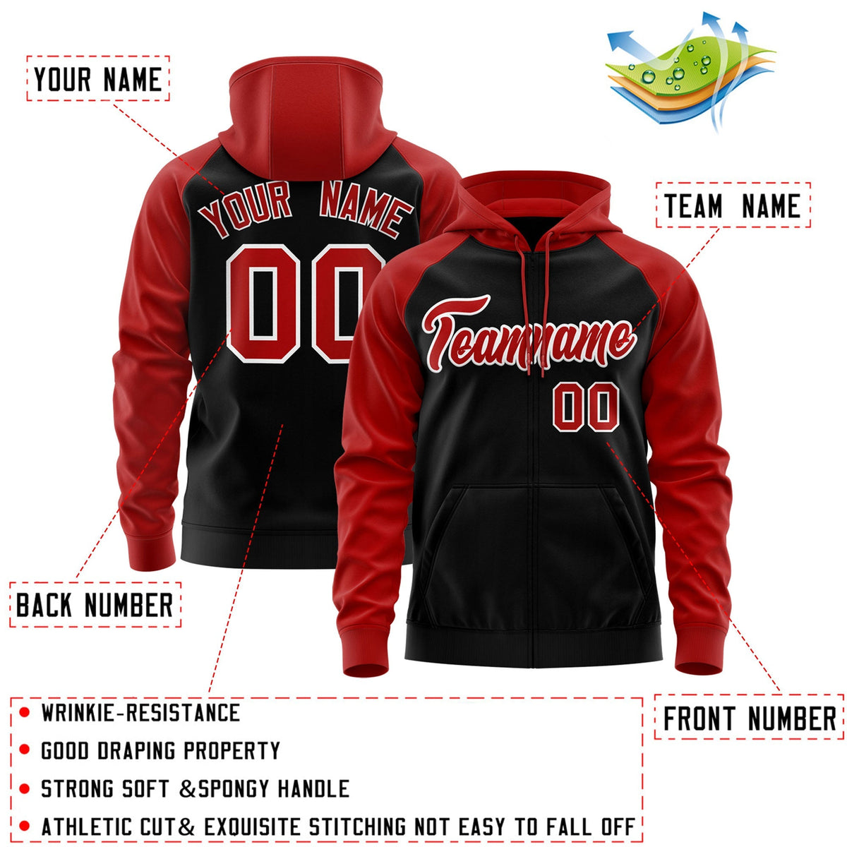 Custom Stitched Black Red-White Raglan Sleeves Sports Full-Zip Sweatshirt Hoodie| KXKSHOP