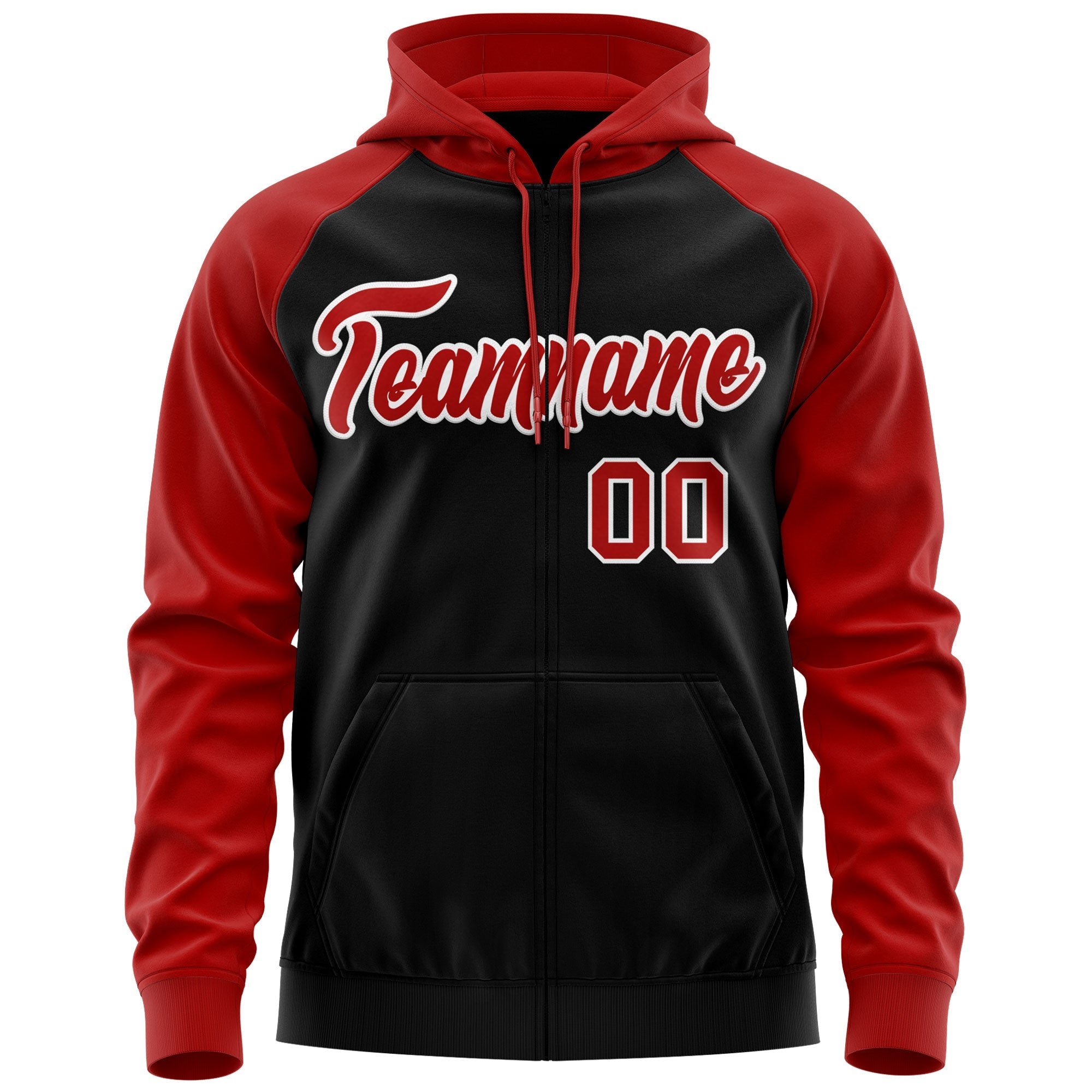 Custom Stitched Black Red-White Raglan Sleeves Sports Full-Zip Sweatshirt Hoodie| KXKSHOP