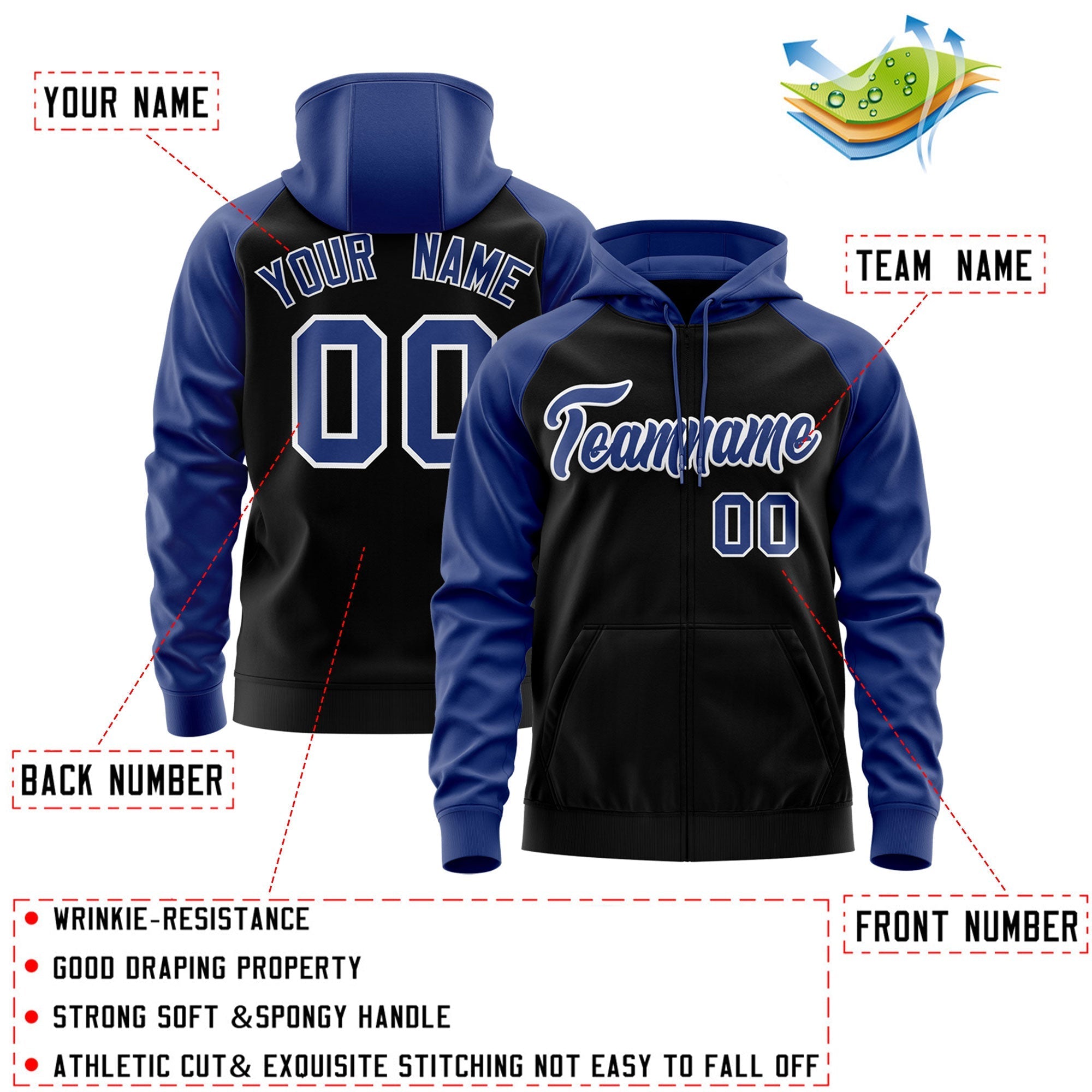 Custom Stitched Black Royal-White Raglan Sleeves Sports Full-Zip Sweatshirt Hoodie| KXKSHOP