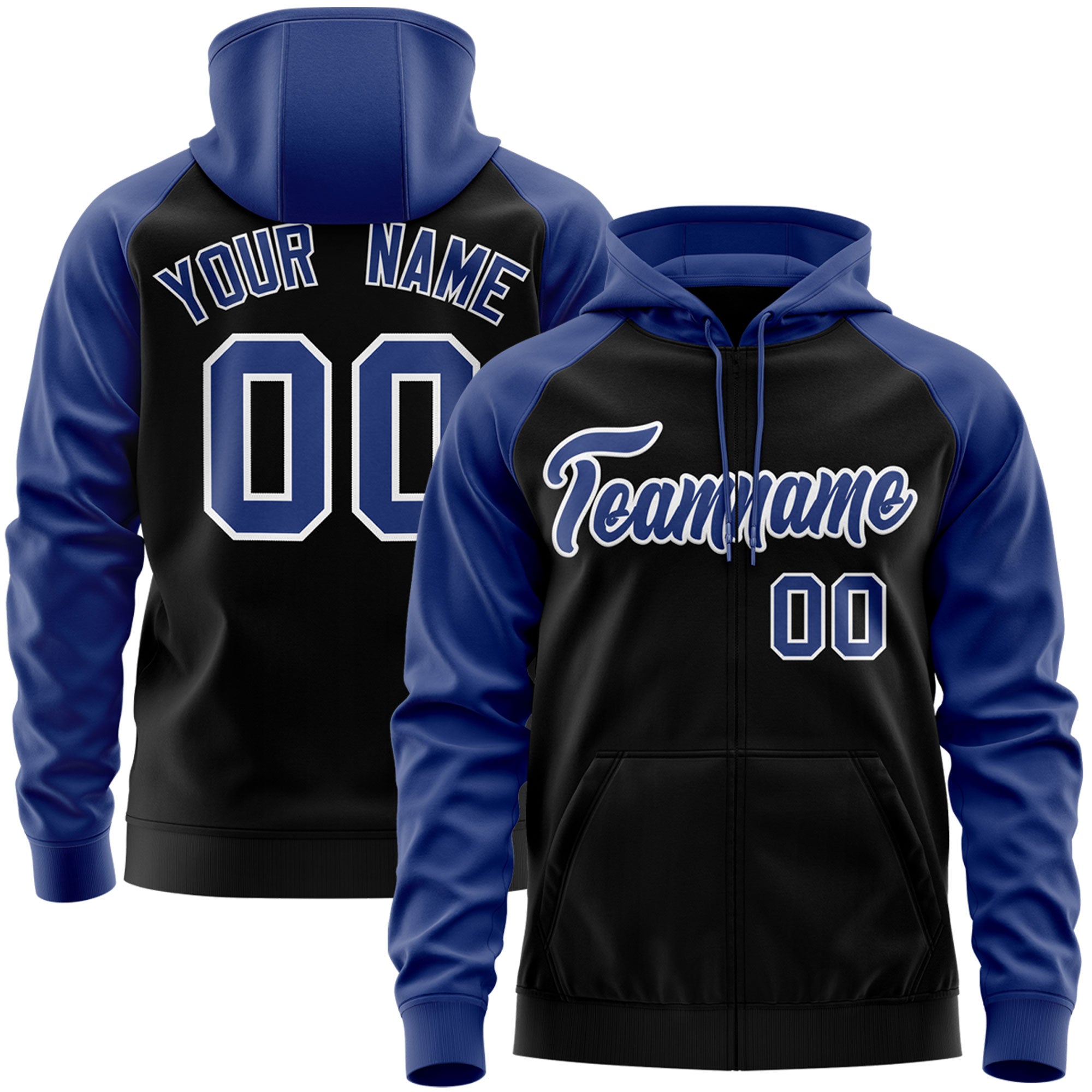 Custom Stitched Black Royal-White Raglan Sleeves Sports Full-Zip Sweatshirt Hoodie| KXKSHOP