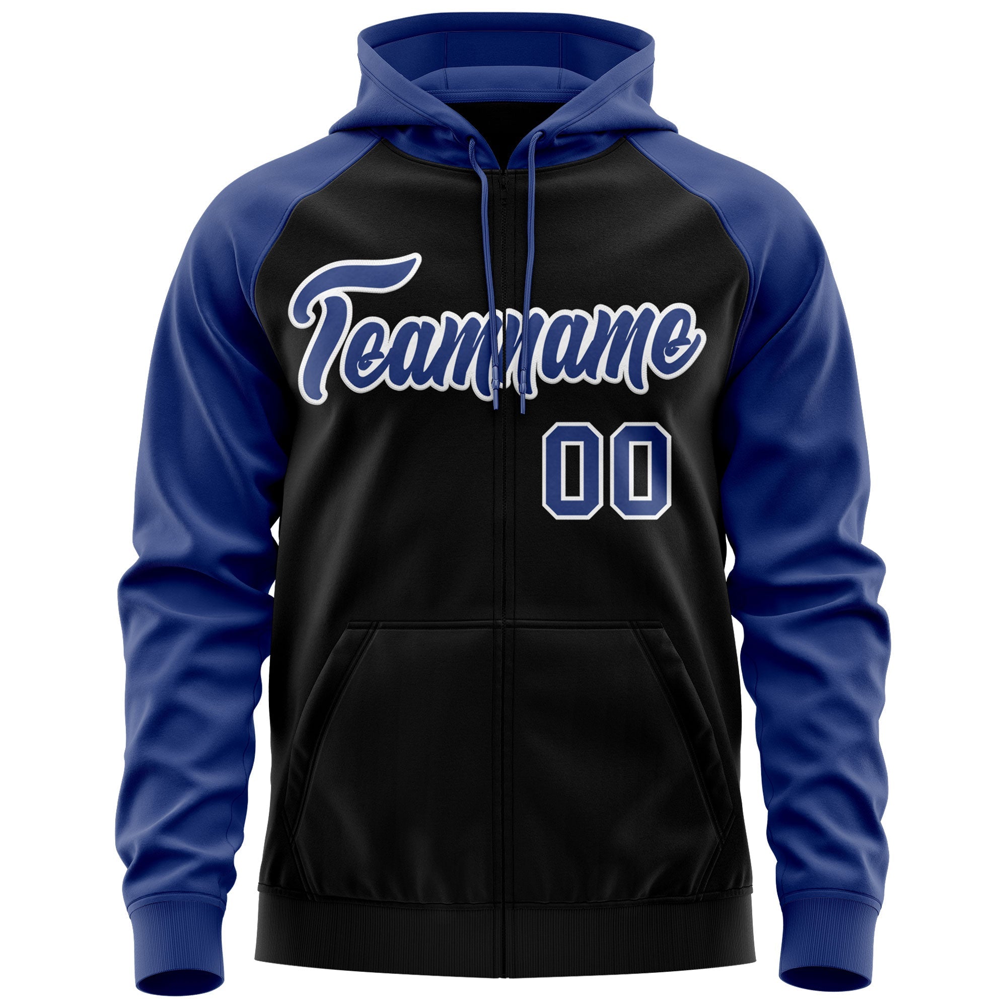 Custom Stitched Black Royal-White Raglan Sleeves Sports Full-Zip Sweatshirt Hoodie| KXKSHOP