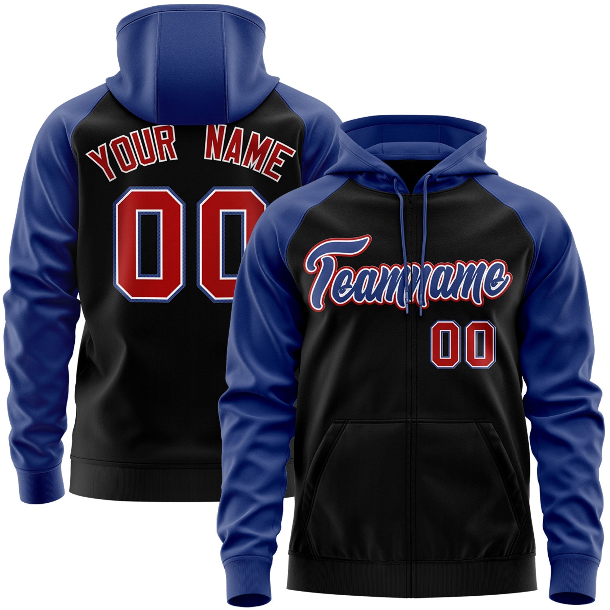 Custom Stitched Black Royal-Red Raglan Sleeves Sports Full-Zip Sweatshirt Hoodie| KXKSHOP