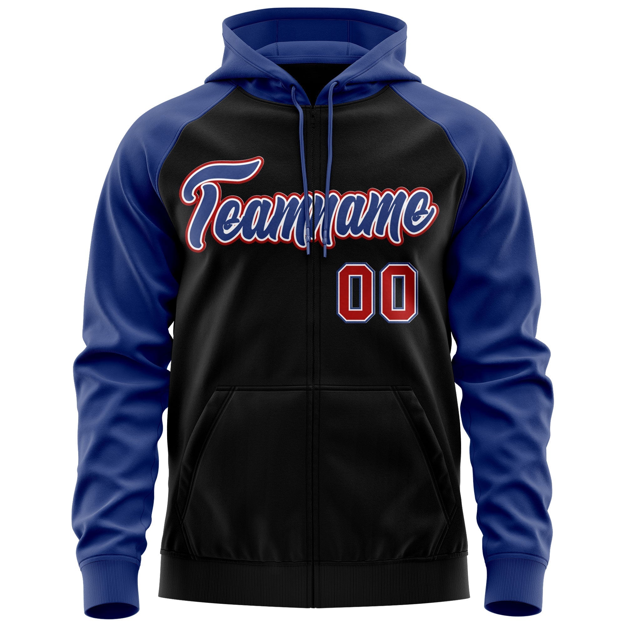 Custom Stitched Black Royal-Red Raglan Sleeves Sports Full-Zip Sweatshirt Hoodie| KXKSHOP