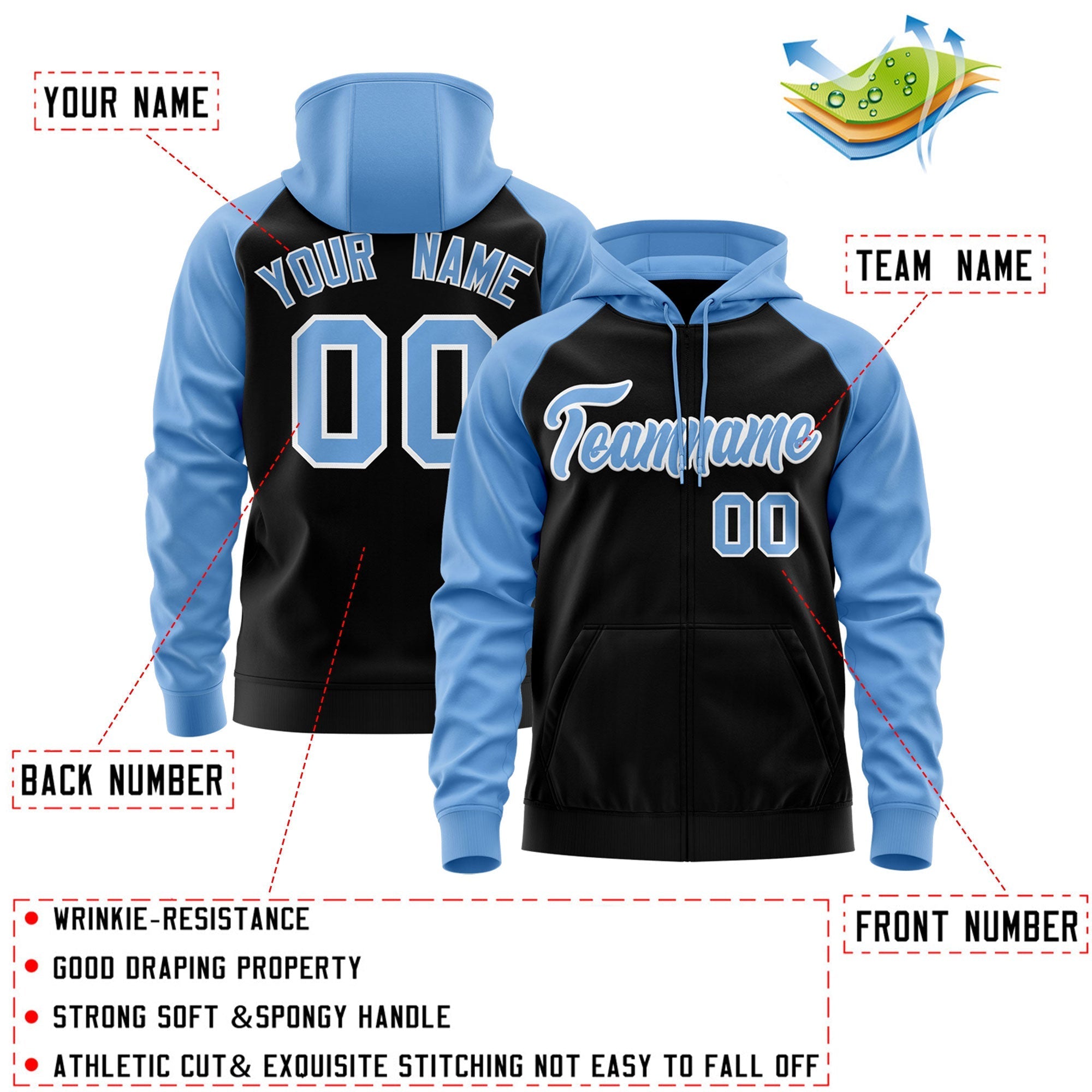 Custom Stitched Black Powder Blue-White Raglan Sleeves Sports Full-Zip Sweatshirt Hoodie| KXKSHOP