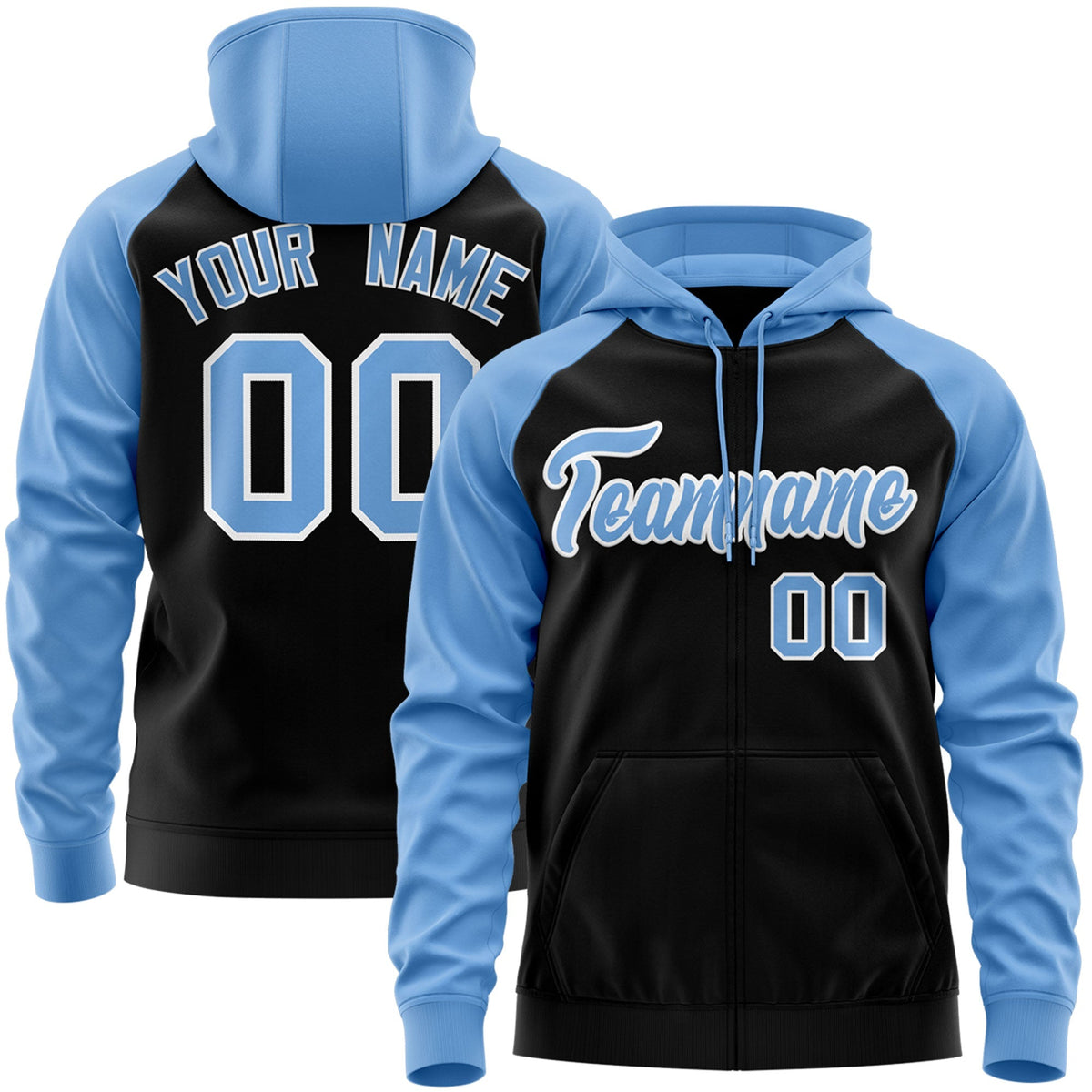 Custom Stitched Black Powder Blue-White Raglan Sleeves Sports Full-Zip Sweatshirt Hoodie| KXKSHOP