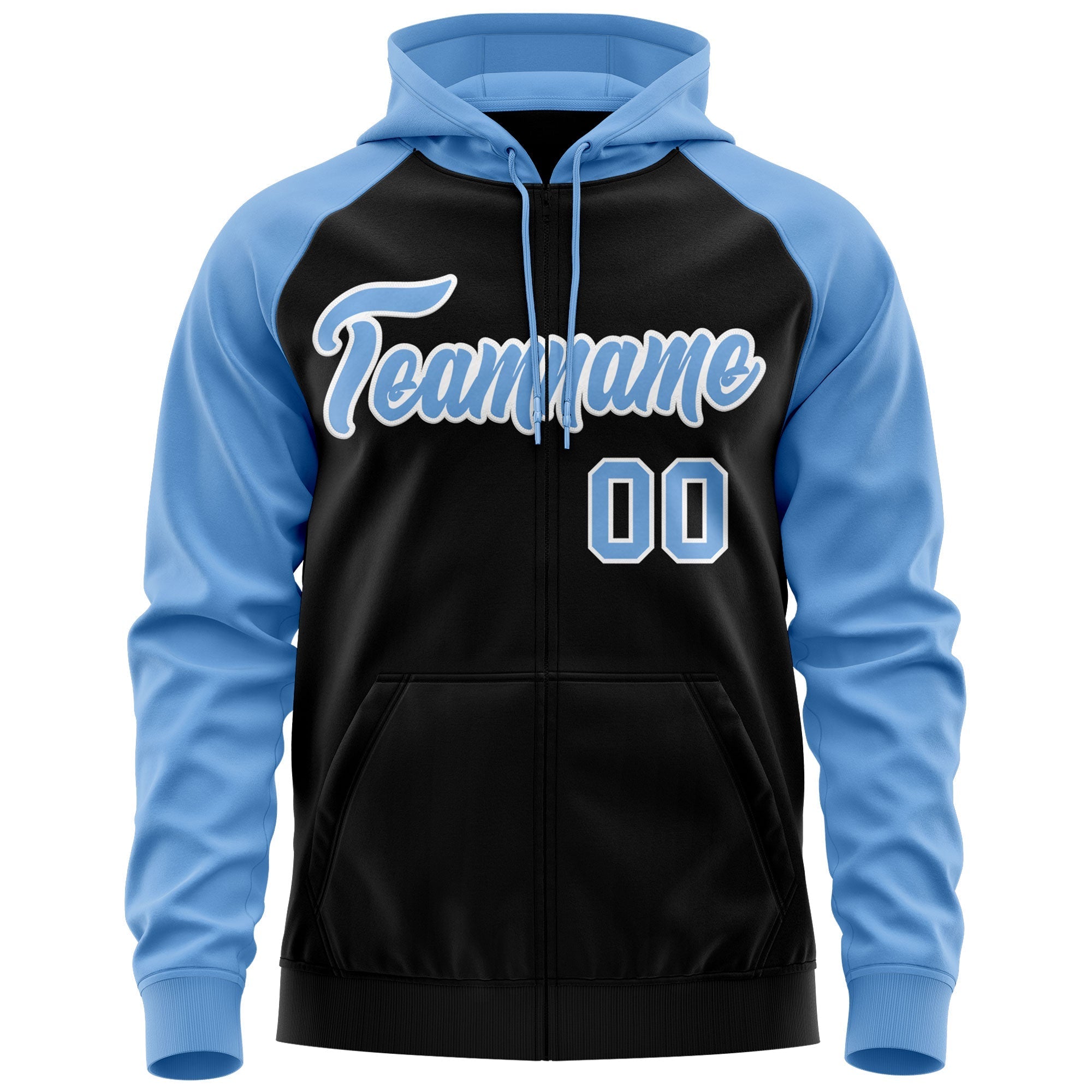 Custom Stitched Black Powder Blue-White Raglan Sleeves Sports Full-Zip Sweatshirt Hoodie| KXKSHOP