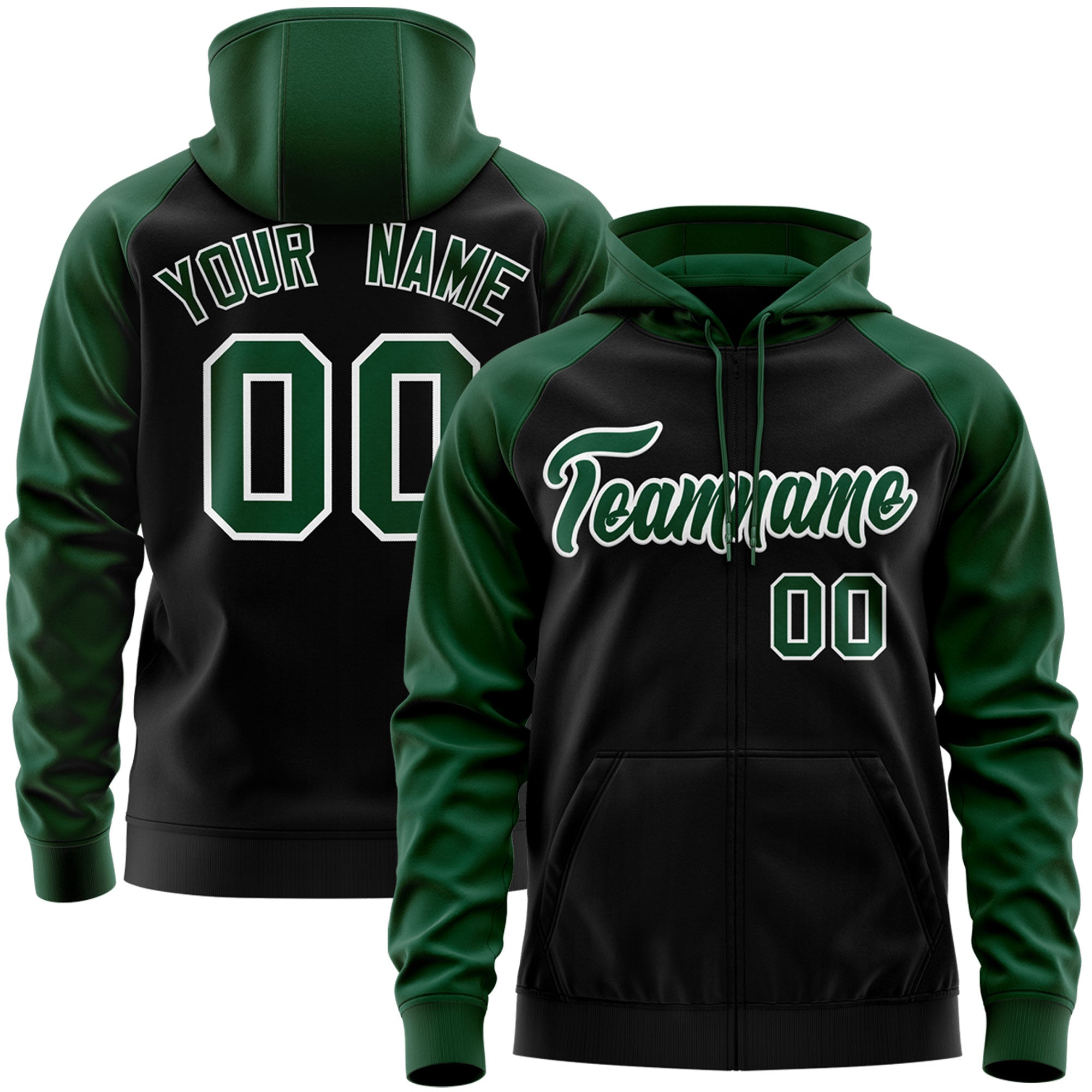 Custom Stitched Black Green-White Raglan Sleeves Sports Full-Zip Sweatshirt Hoodie| KXKSHOP