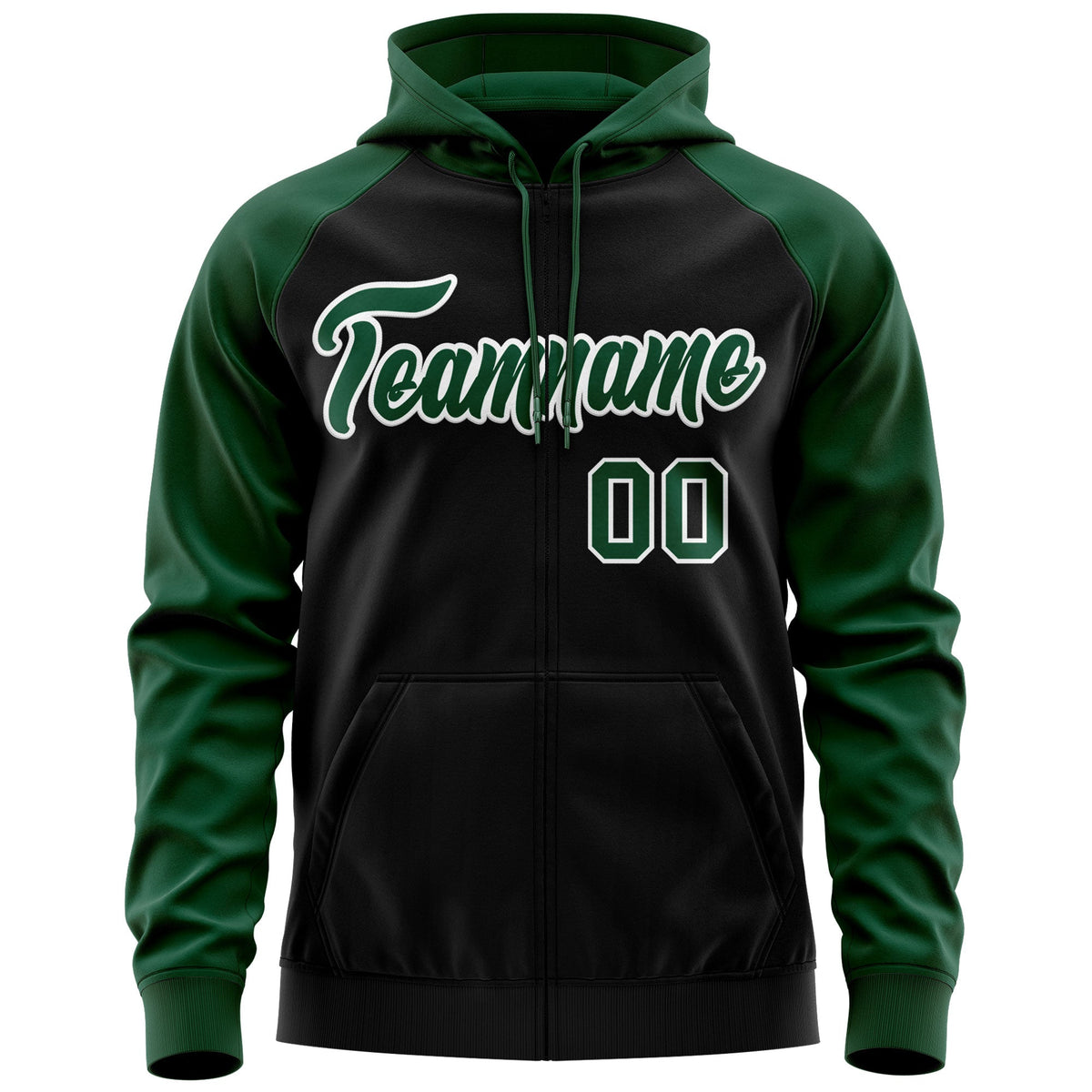 Custom Stitched Black Green-White Raglan Sleeves Sports Full-Zip Sweatshirt Hoodie| KXKSHOP