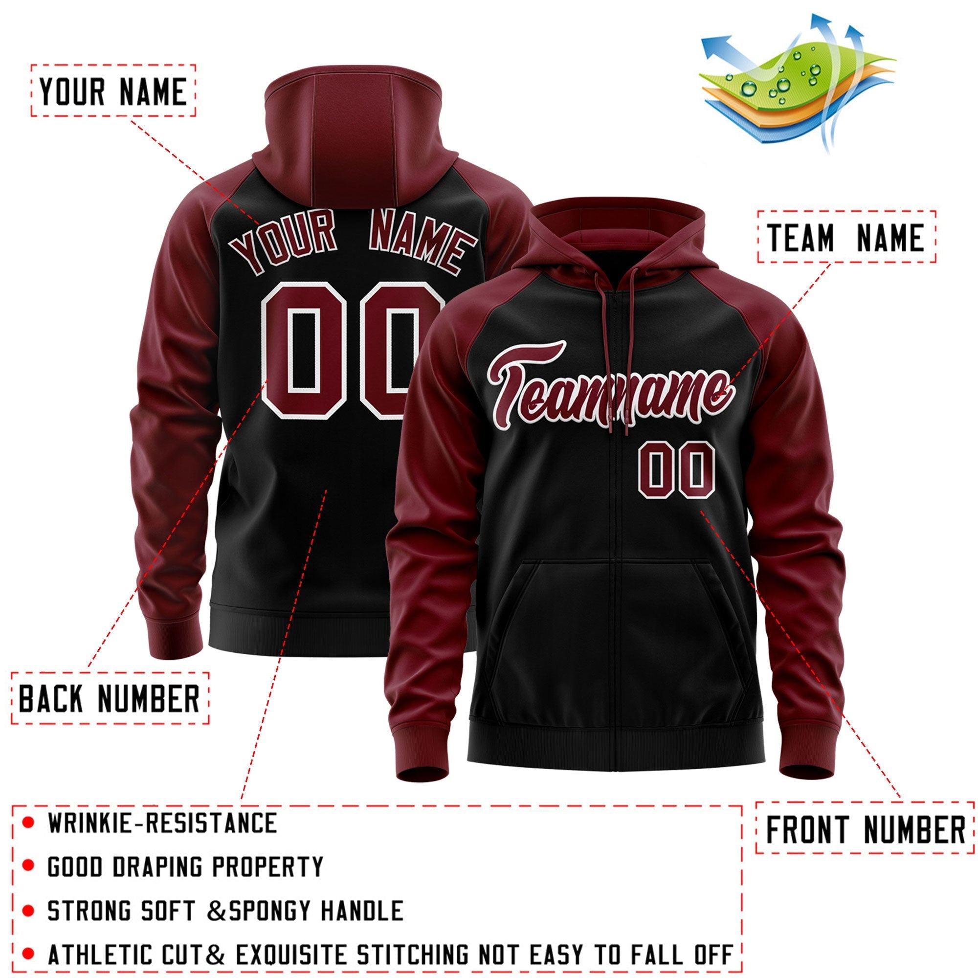 Custom Stitched Black Crimson-White Raglan Sleeves Sports Full-Zip Sweatshirt Hoodie| KXKSHOP