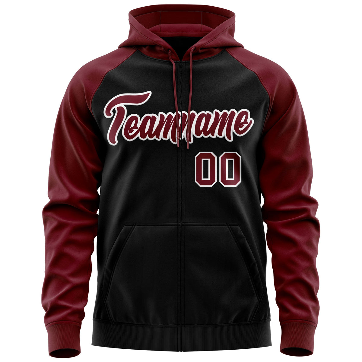 Custom Stitched Black Crimson-White Raglan Sleeves Sports Full-Zip Sweatshirt Hoodie| KXKSHOP