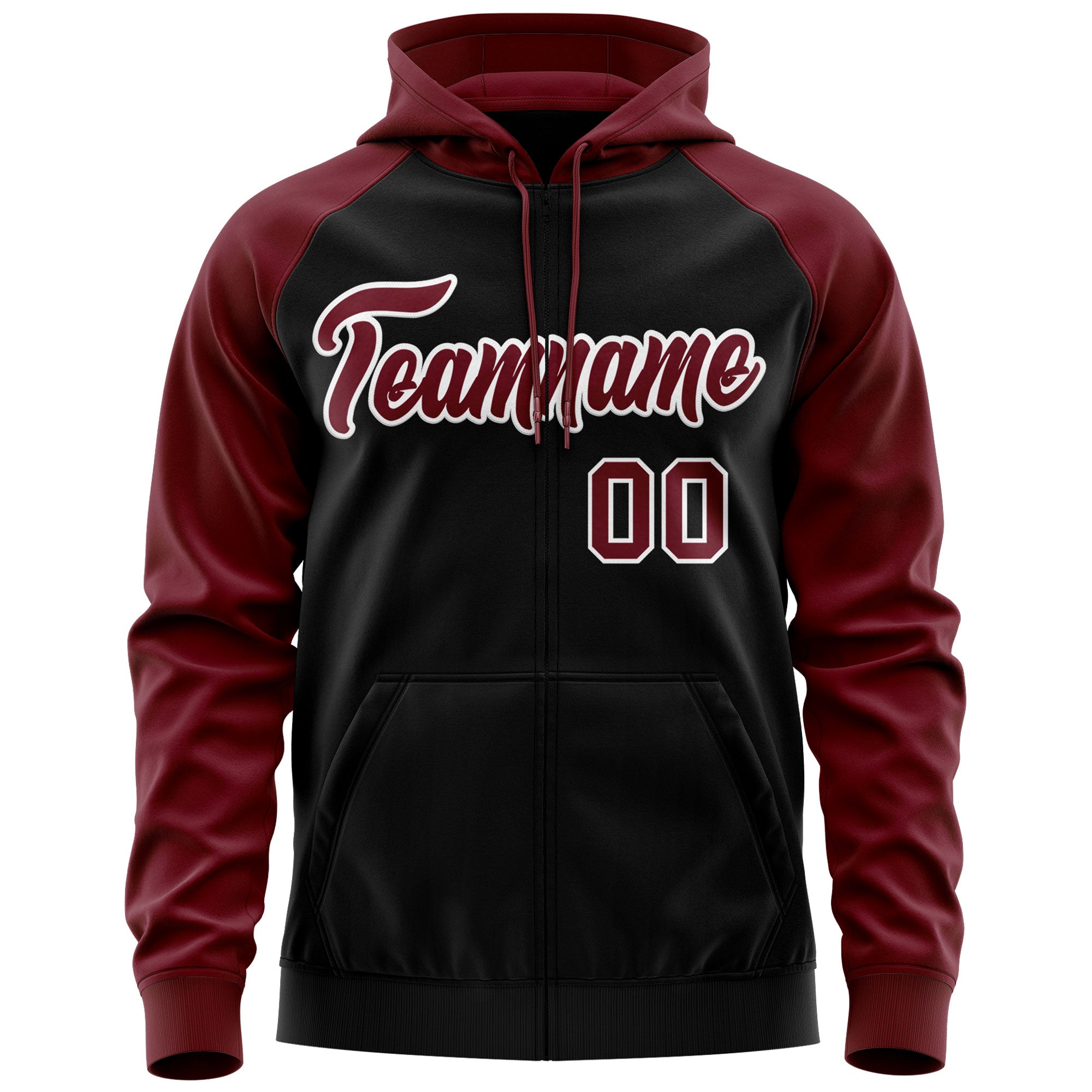 Custom Stitched Black Crimson-White Raglan Sleeves Sports Full-Zip Sweatshirt Hoodie| KXKSHOP