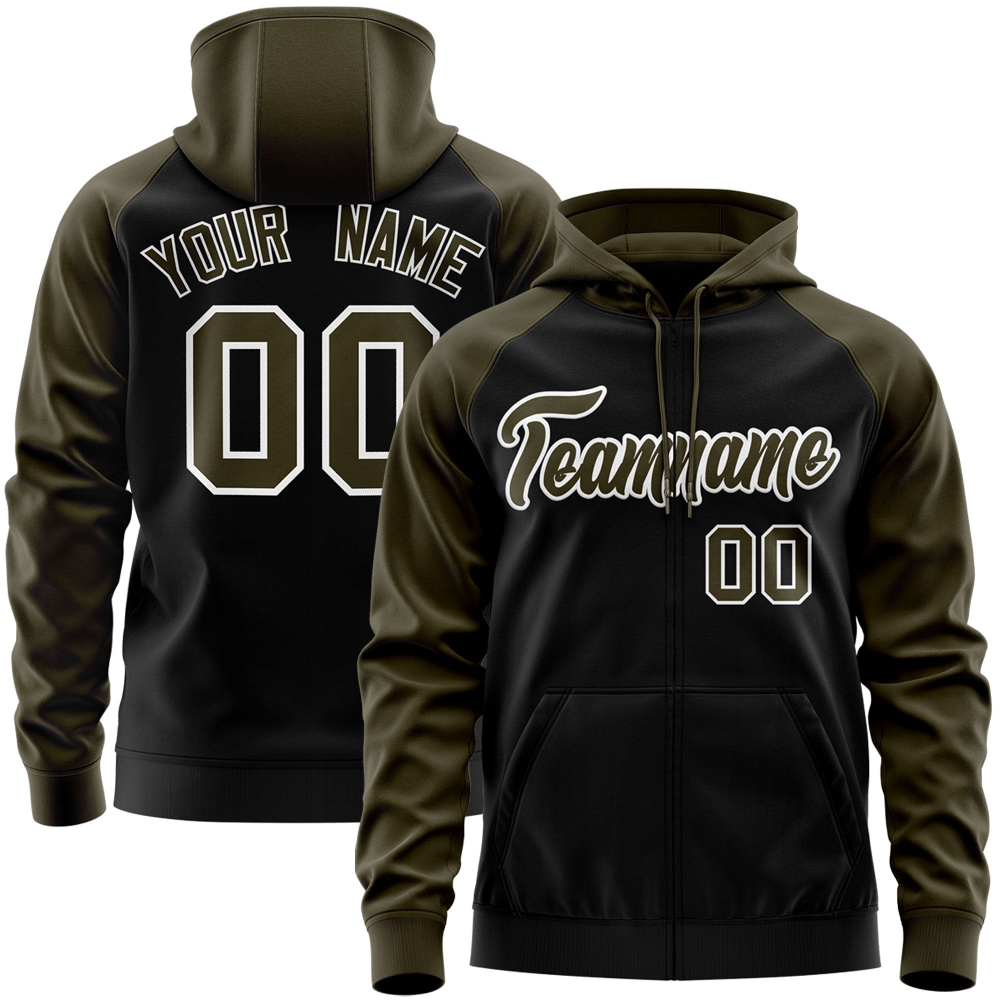 Custom Stitched Black Olive-White Raglan Sleeves Sports Full-Zip Sweatshirt Hoodie| KXKSHOP