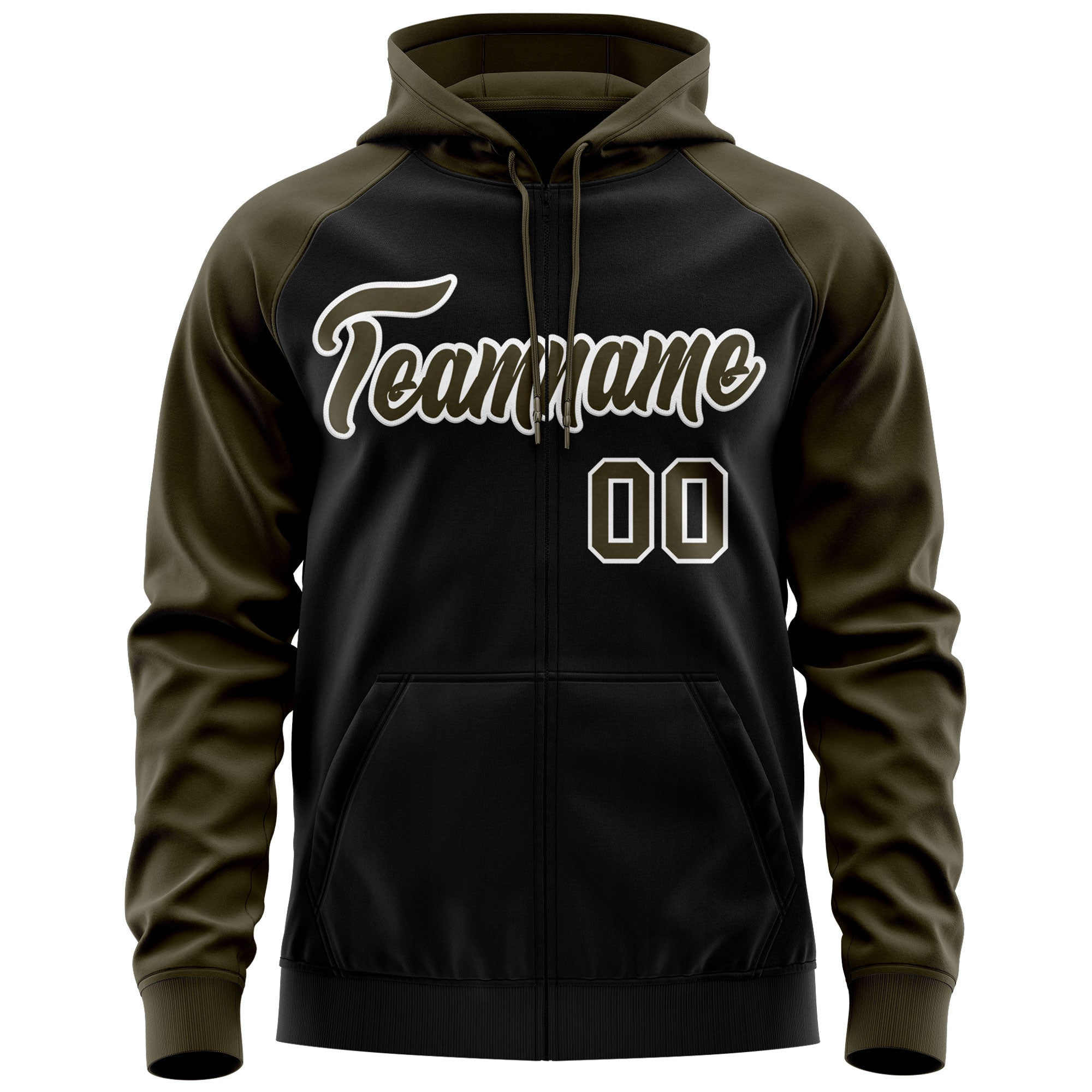 Custom Stitched Black Olive-White Raglan Sleeves Sports Full-Zip Sweatshirt Hoodie| KXKSHOP