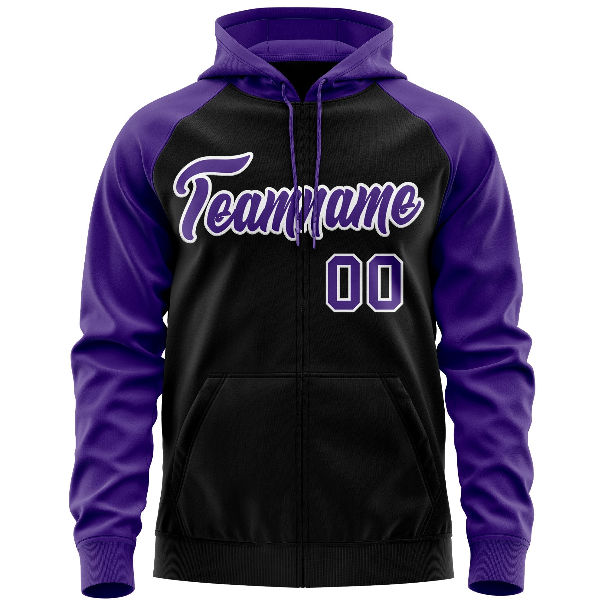 Custom Stitched Black Purple-White Raglan Sleeves Sports Full-Zip Sweatshirt Hoodie| KXKSHOP