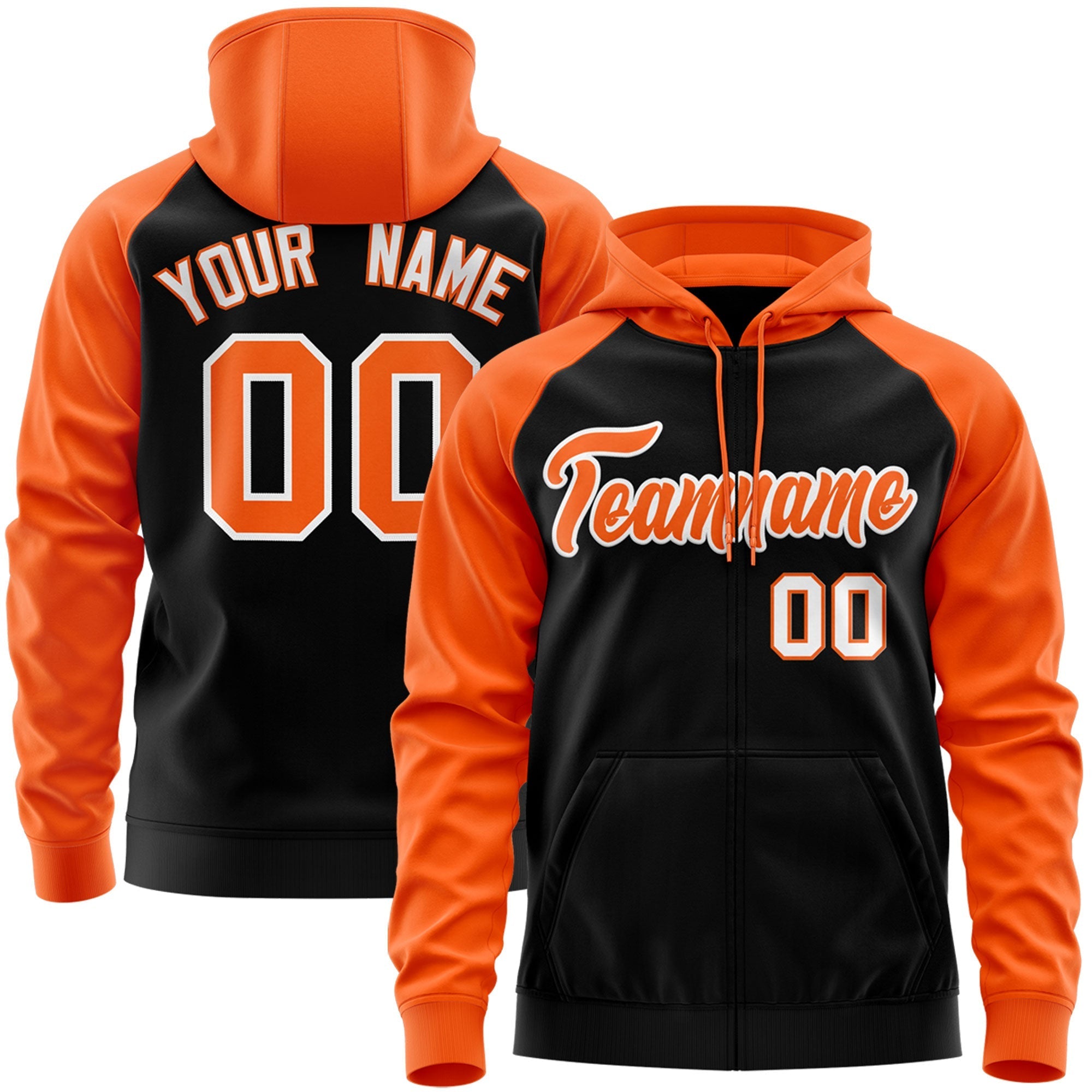 Custom Stitched Black Orange-White Raglan Sleeves Sports Full-Zip Sweatshirt Hoodie| KXKSHOP