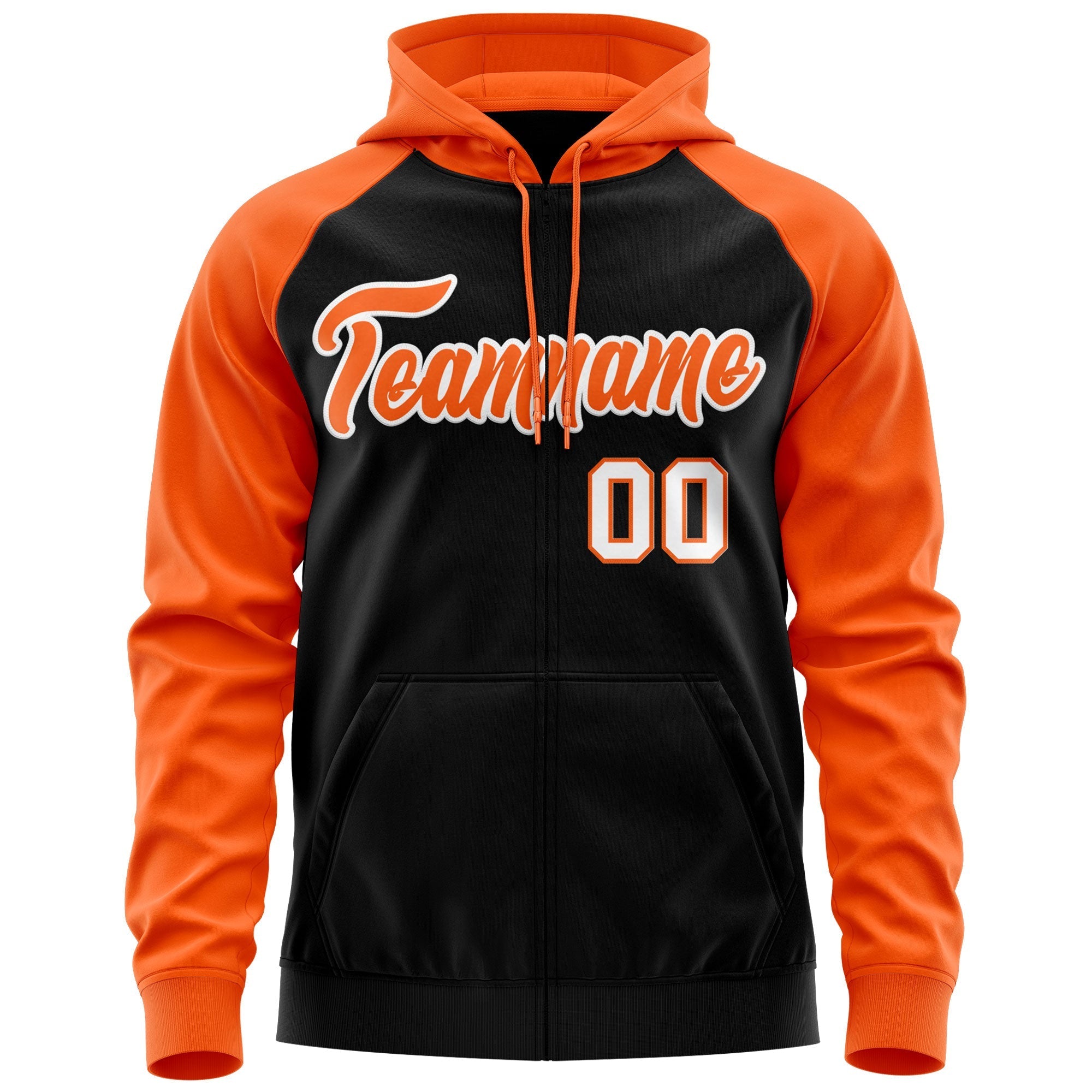 Custom Stitched Black Orange-White Raglan Sleeves Sports Full-Zip Sweatshirt Hoodie| KXKSHOP